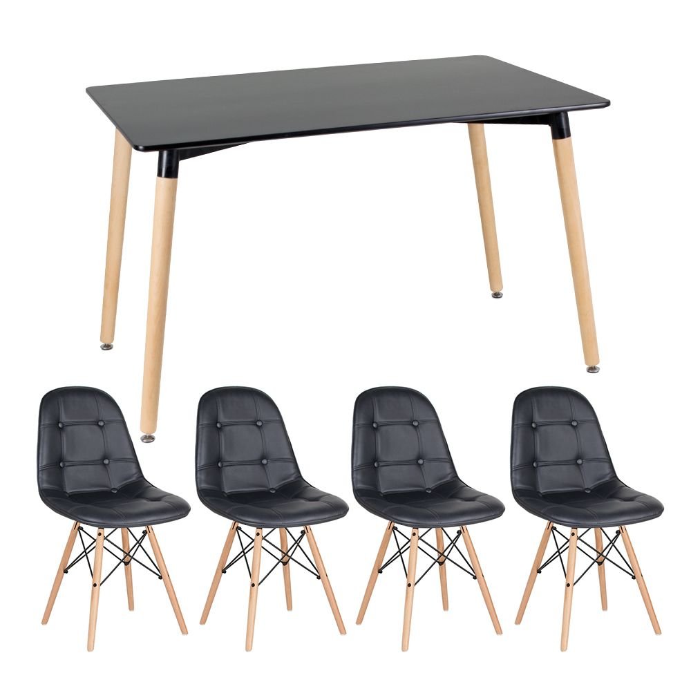 Mesa de jantar retangular Eames 80 x 140 cm + 4 cadeiras Eiffel Botonê Mesa preto com cadeiras preto