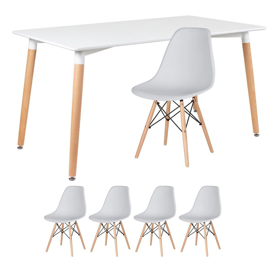 Mesa de jantar retangular Eames 80 x 140 cm + 4 cadeiras Eiffel DSW Mesa branco com cadeiras cinza claro