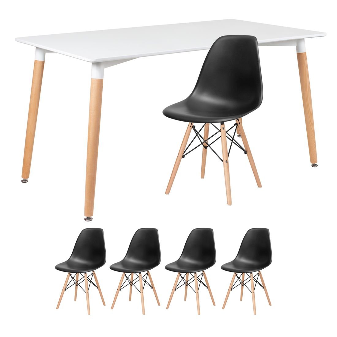 Mesa de jantar retangular Eames 80 x 140 cm + 4 cadeiras Eiffel DSW Mesa branco com cadeiras preto