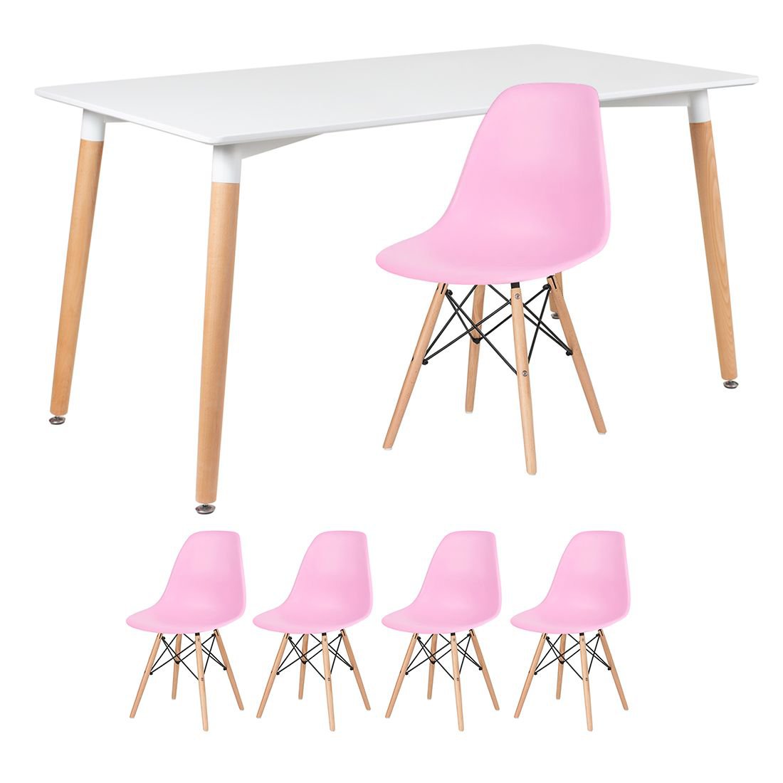 Mesa de jantar retangular Eames 80 x 140 cm + 4 cadeiras Eiffel DSW Mesa branco com cadeiras rosa claro