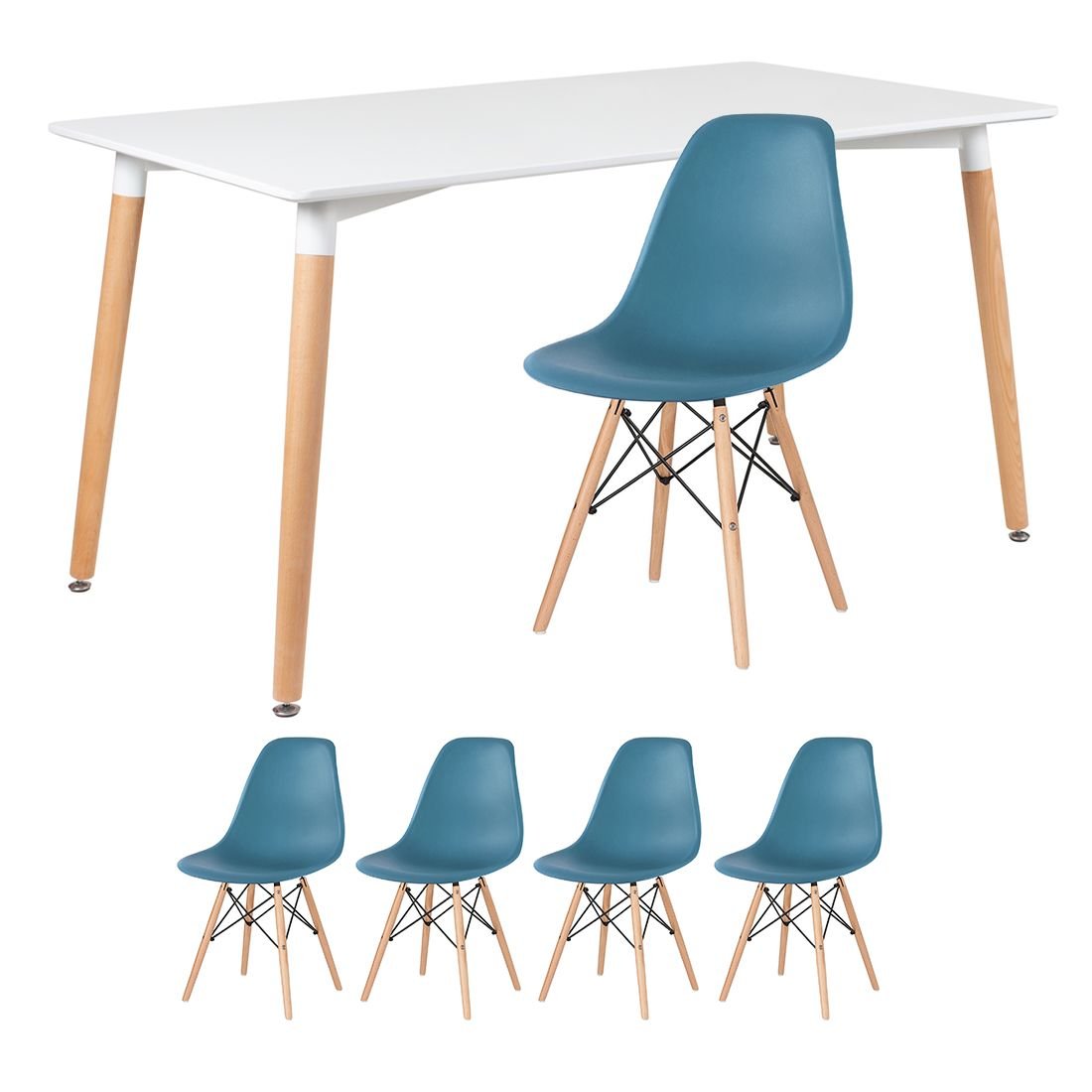 Mesa de jantar retangular Eames 80 x 140 cm + 4 cadeiras Eiffel DSW Mesa branco com cadeiras turquesa