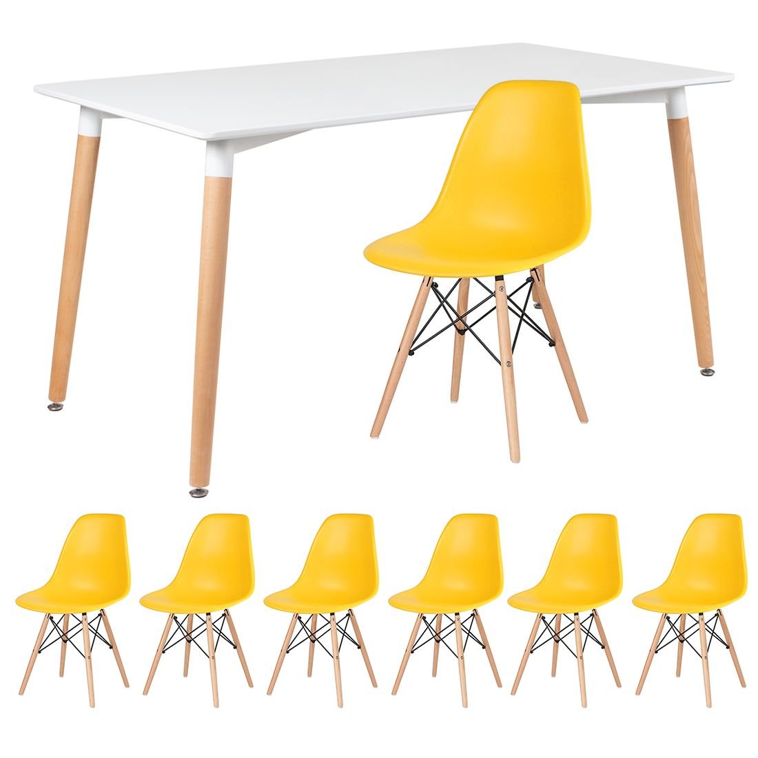 Mesa de jantar retangular Eames 80 x 140 cm + 6 cadeiras Eiffel DSW Mesa branco com cadeiras amarelo