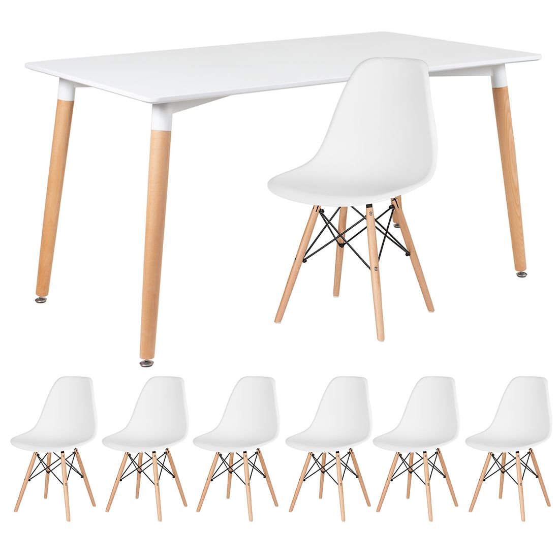 Mesa de jantar retangular Eames 80 x 140 cm + 6 cadeiras Eiffel DSW Mesa branco com cadeiras branco