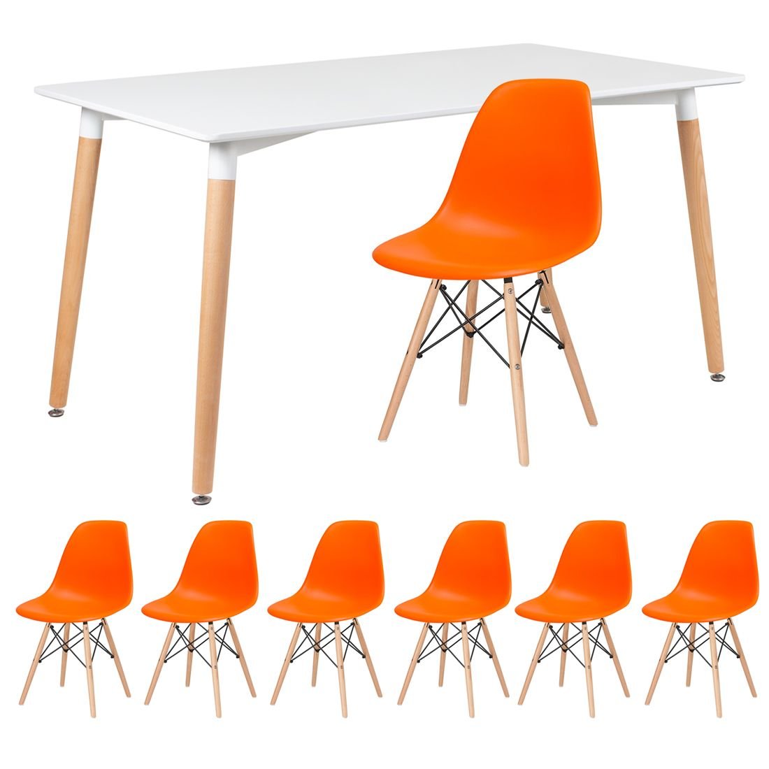 Mesa de jantar retangular Eames 80 x 140 cm + 6 cadeiras Eiffel DSW Mesa branco com cadeiras laranja