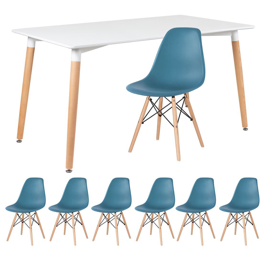 Mesa de jantar retangular Eames 80 x 140 cm + 6 cadeiras Eiffel DSW Mesa branco com cadeiras turquesa