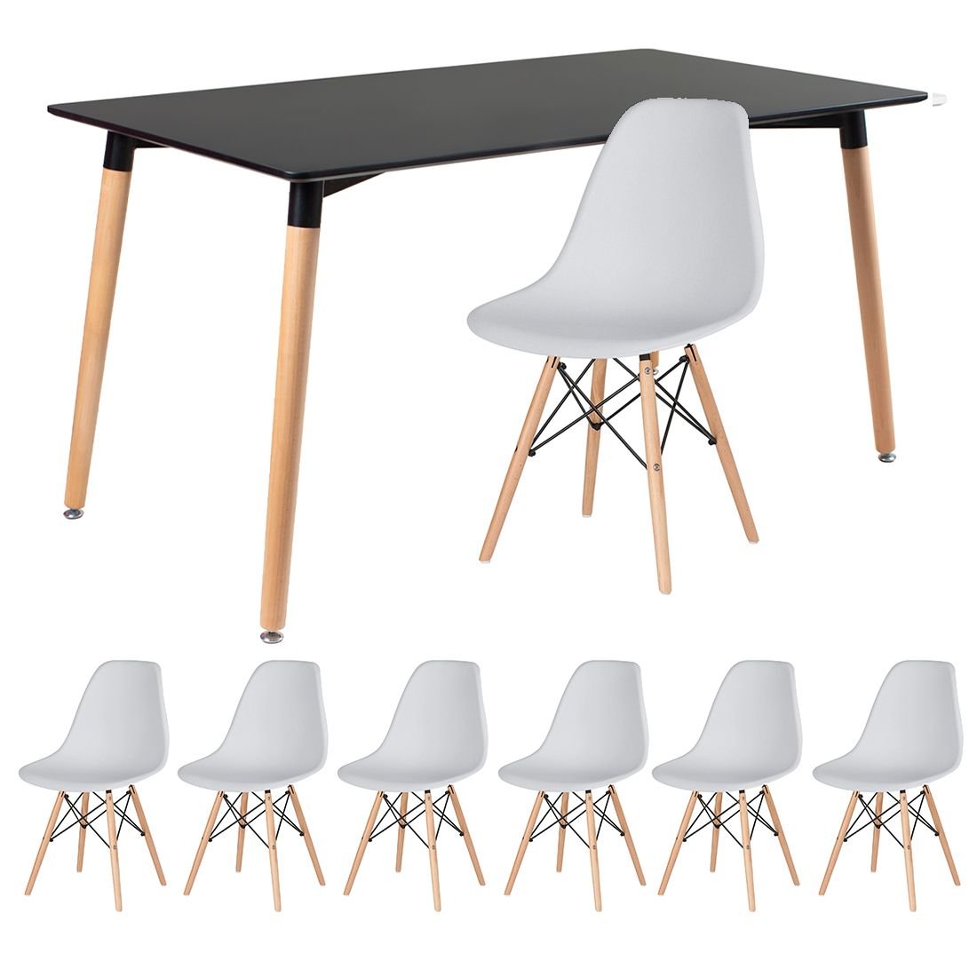 Mesa de jantar retangular Eames 80 x 140 cm + 6 cadeiras Eiffel DSW Mesa preto com cadeiras cinza claro
