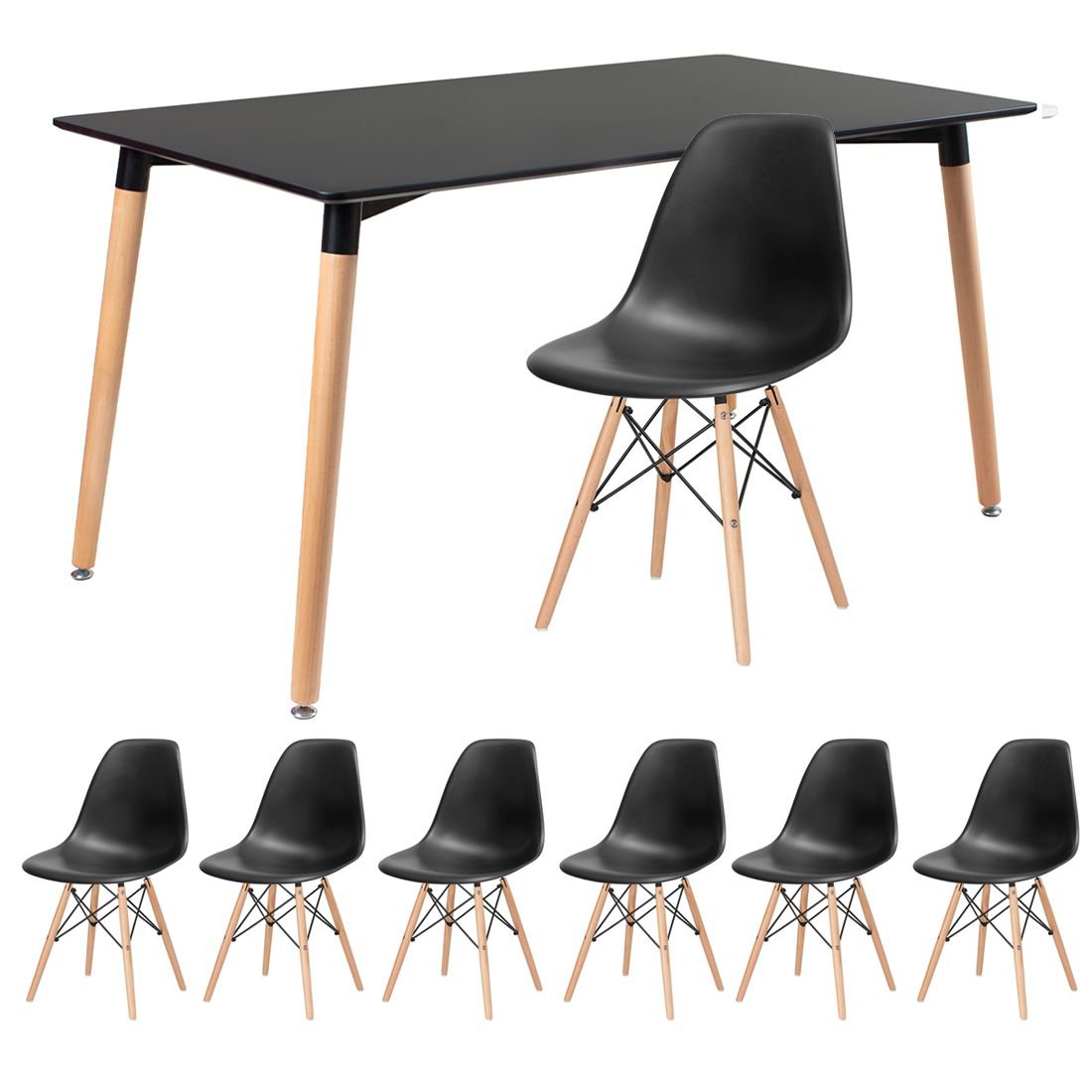 Mesa de jantar retangular Eames 80 x 140 cm + 6 cadeiras Eiffel DSW Mesa preto com cadeiras preto