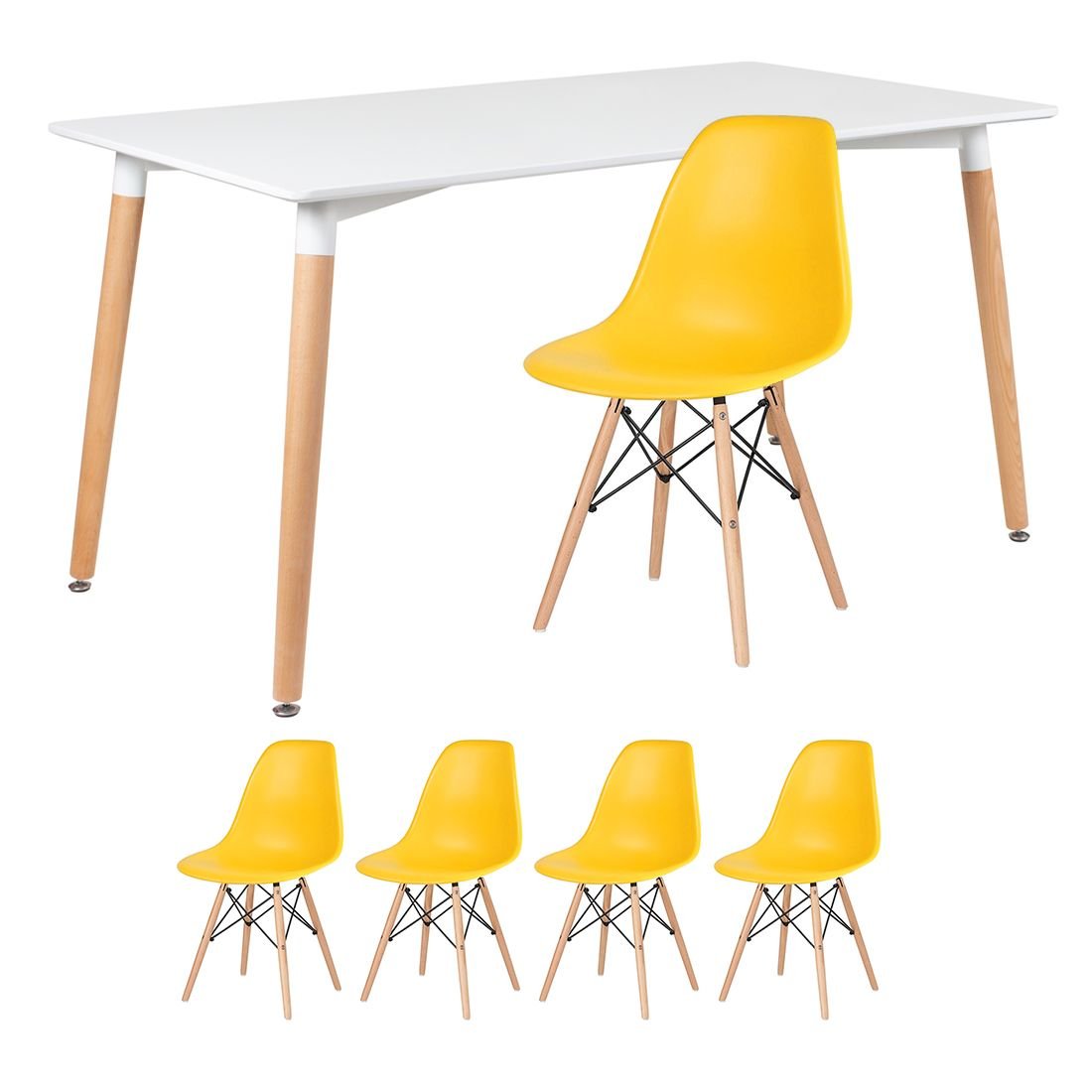 Mesa de jantar retangular Eames 80 x 140 cm branco + 4 cadeiras Eiffel DSW Amarelo