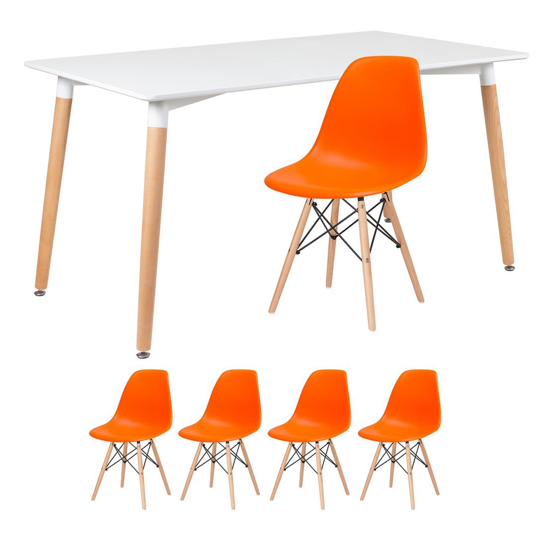 Mesa de jantar retangular Eames 80 x 140 cm branco + 4 cadeiras Eiffel DSW Laranja