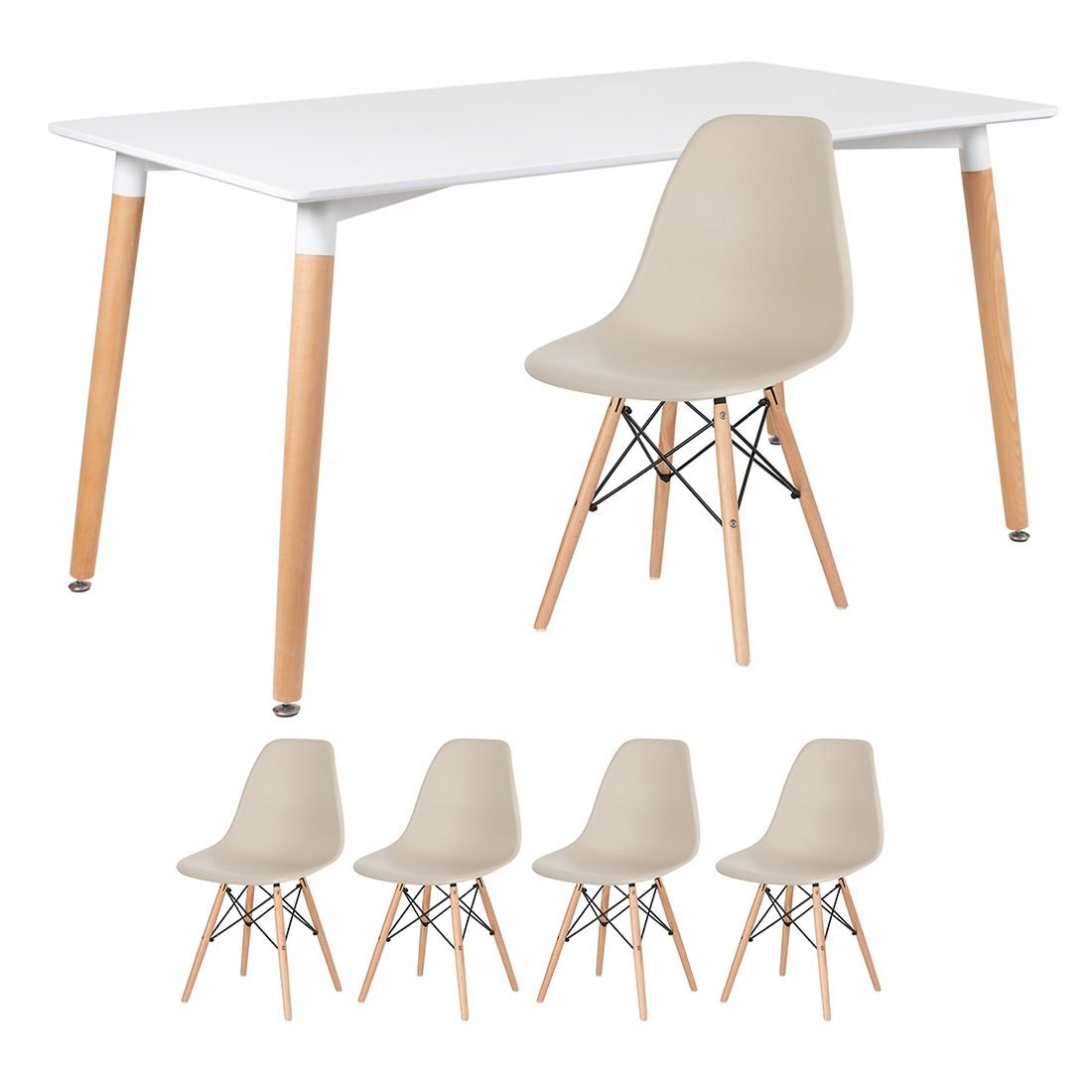 Mesa de jantar retangular Eames 80 x 140 cm branco + 4 cadeiras Eiffel DSW Nude