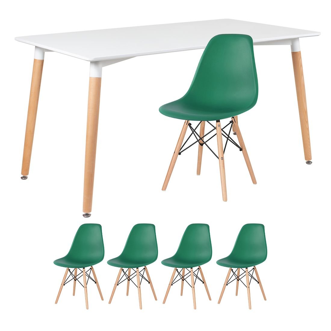 Mesa de jantar retangular Eames 80 x 140 cm branco + 4 cadeiras Eiffel DSW Verde escuro
