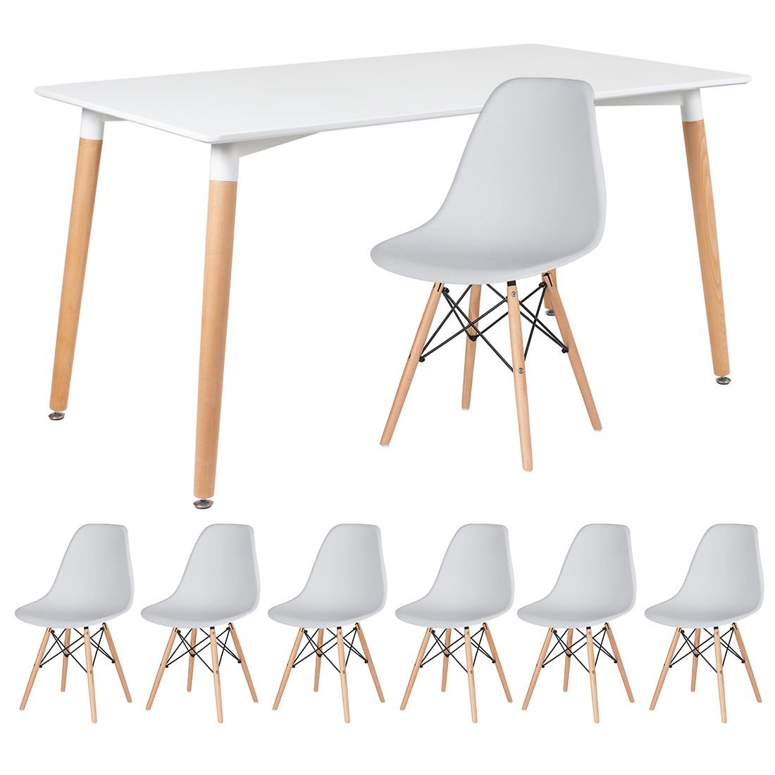 Mesa de jantar retangular Eames 80 x 140 cm branco + 6 cadeiras Eiffel DSW Cinza claro