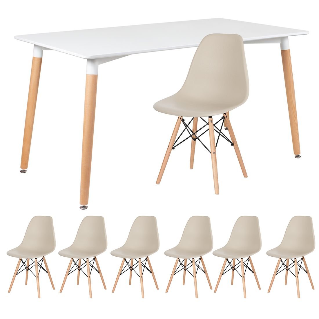 Mesa de jantar retangular Eames 80 x 140 cm branco + 6 cadeiras Eiffel DSW Nude