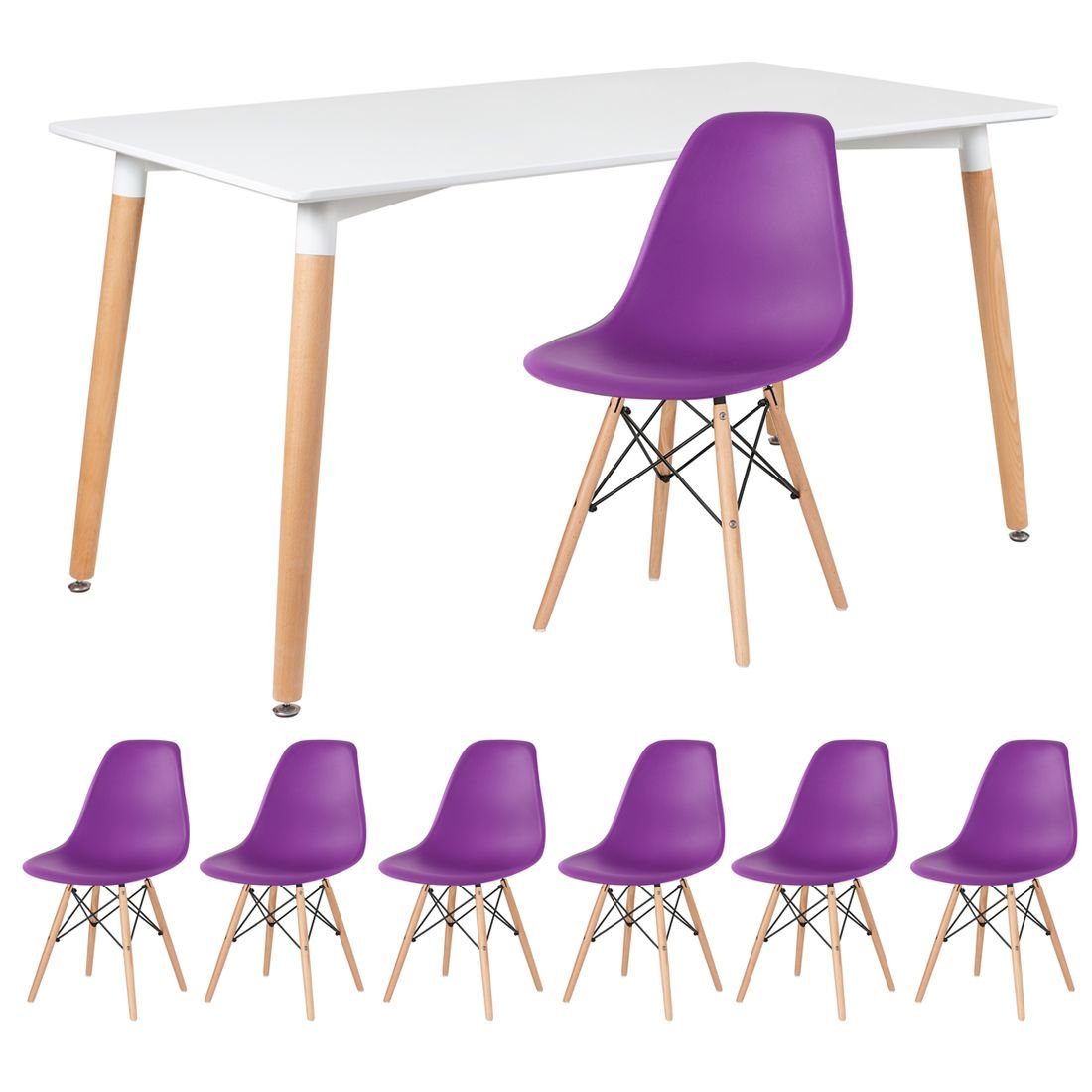 Mesa de jantar retangular Eames 80 x 140 cm branco + 6 cadeiras Eiffel DSW Roxo