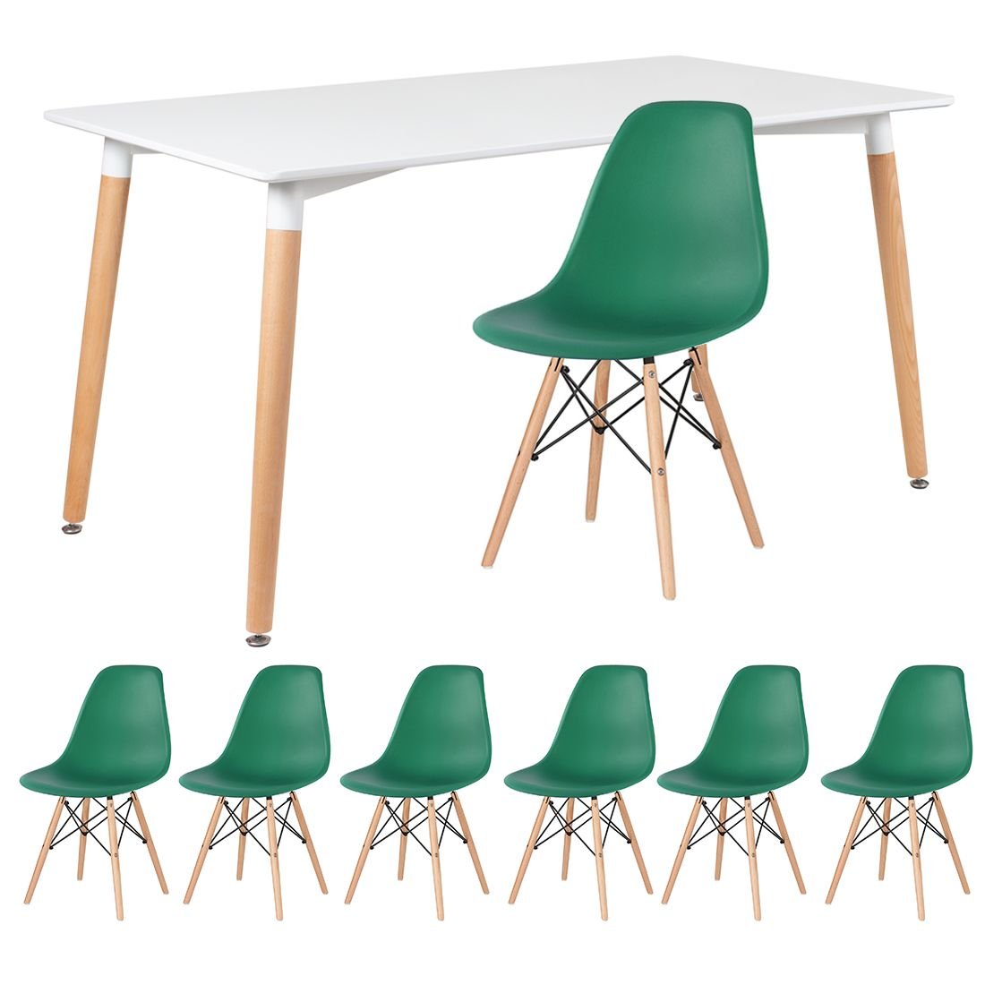 Mesa de jantar retangular Eames 80 x 140 cm branco + 6 cadeiras Eiffel DSW Verde escuro