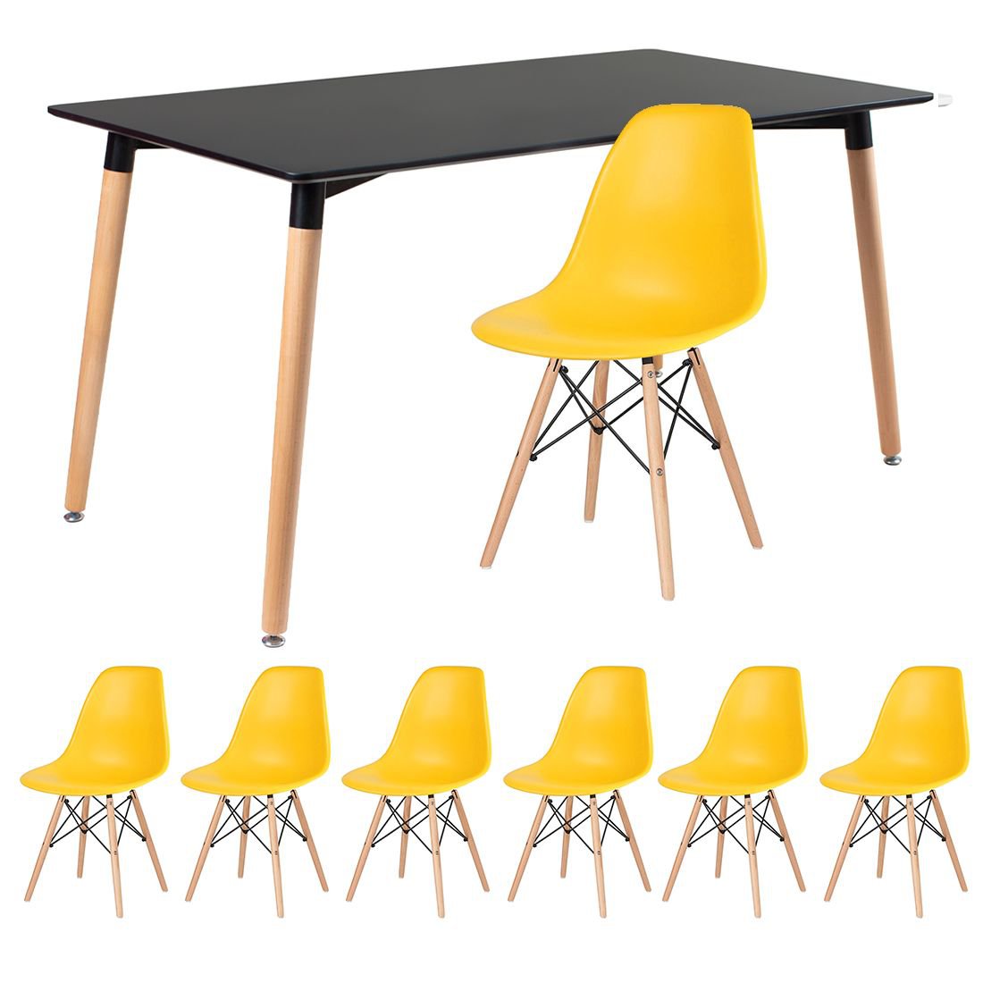 Mesa de jantar retangular Eames 80 x 140 cm preto + 6 cadeiras Eiffel DSW Amarelo