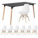 Mesa de jantar retangular Eames 80 x 140 cm preto + 6 cadeiras Eiffel DSW Branco