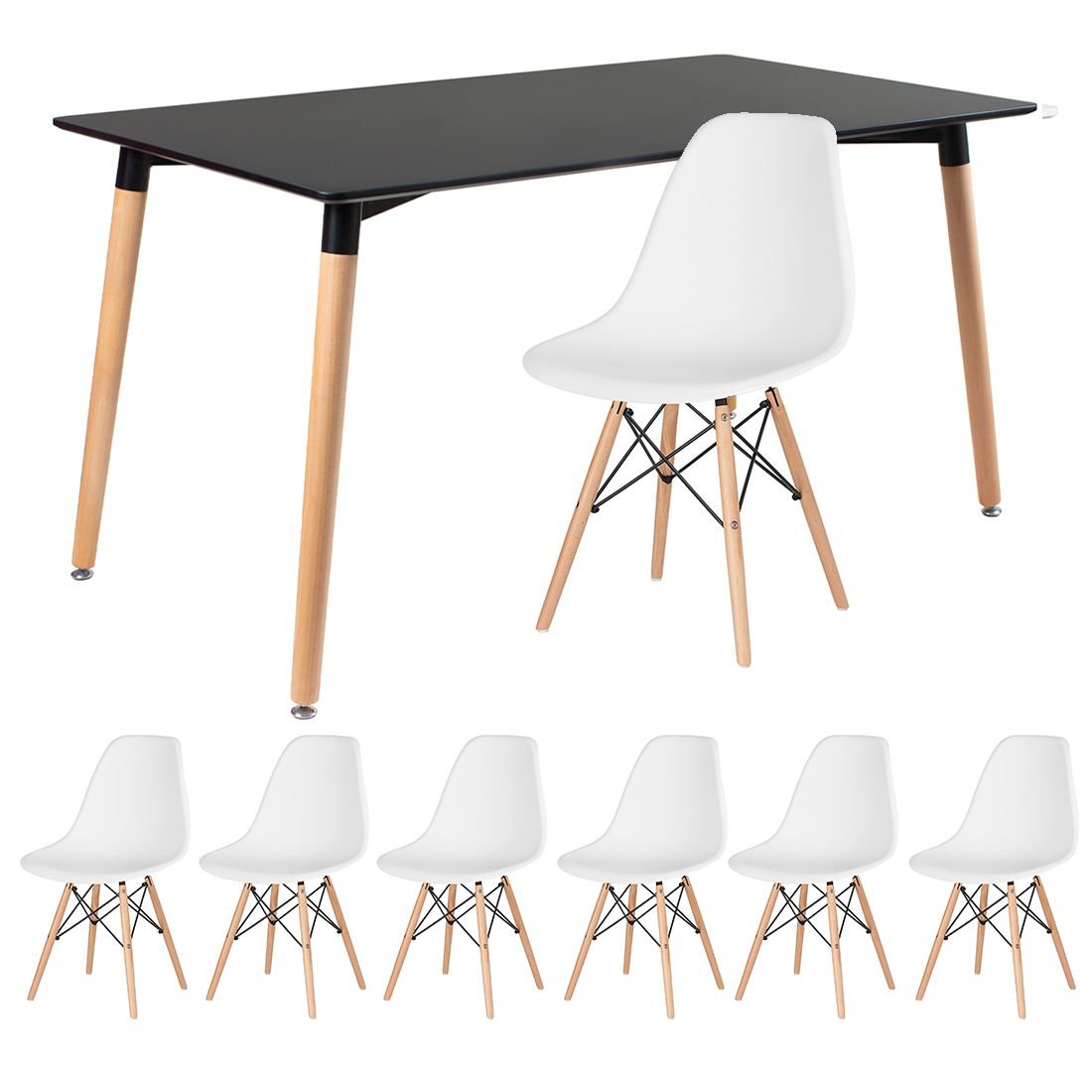 Mesa de jantar retangular Eames 80 x 140 cm preto + 6 cadeiras Eiffel DSW Branco