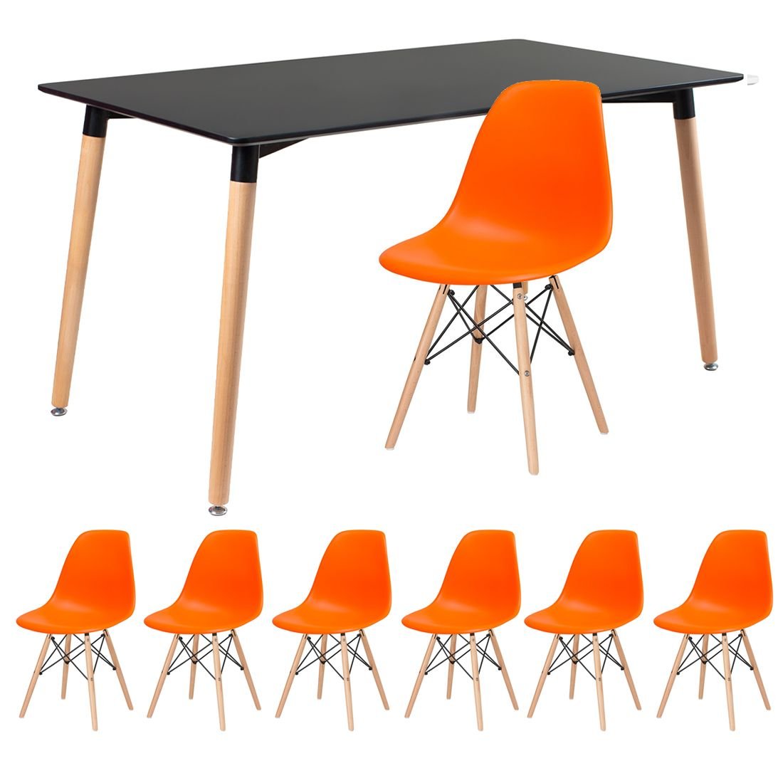 Mesa de jantar retangular Eames 80 x 140 cm preto + 6 cadeiras Eiffel DSW Laranja