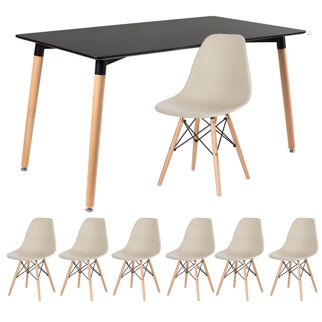 Mesa de jantar retangular Eames 80 x 140 cm preto + 6 cadeiras Eiffel DSW Nude