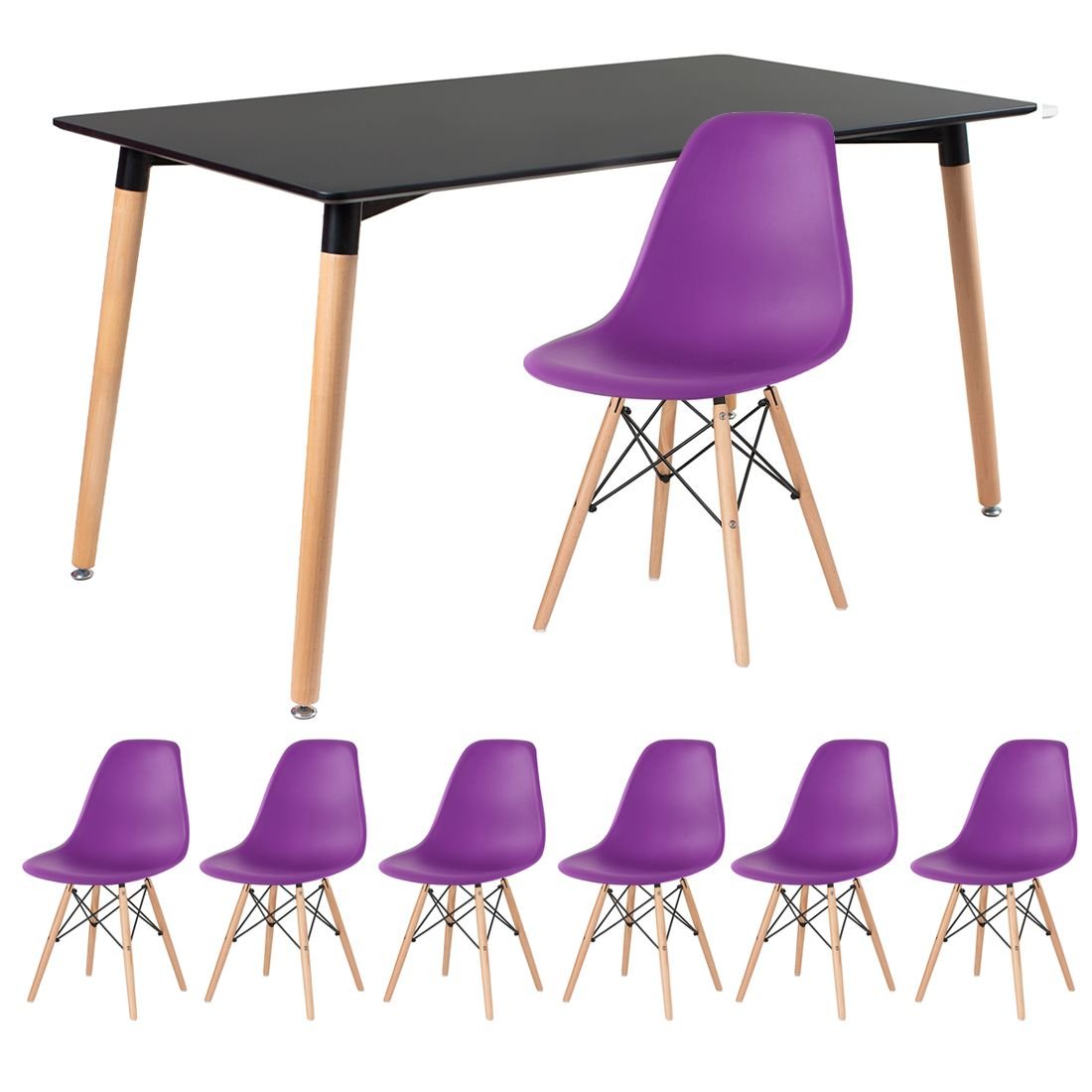 Mesa de jantar retangular Eames 80 x 140 cm preto + 6 cadeiras Eiffel DSW Roxo