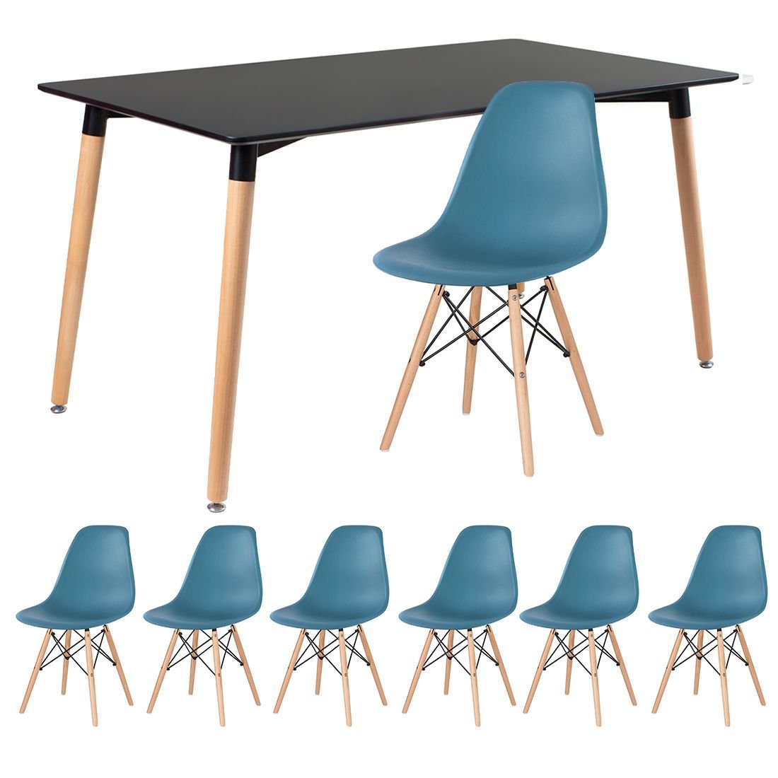 Mesa de jantar retangular Eames 80 x 140 cm preto + 6 cadeiras Eiffel DSW Turquesa