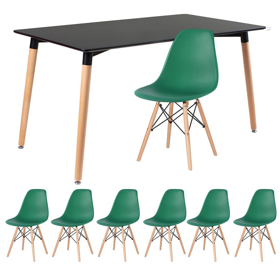 Mesa de jantar retangular Eames 80 x 140 cm preto + 6 cadeiras Eiffel DSW Verde escuro