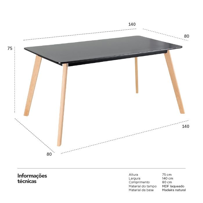 Mesa de jantar retangular Leda 80 x 140 cm Preto