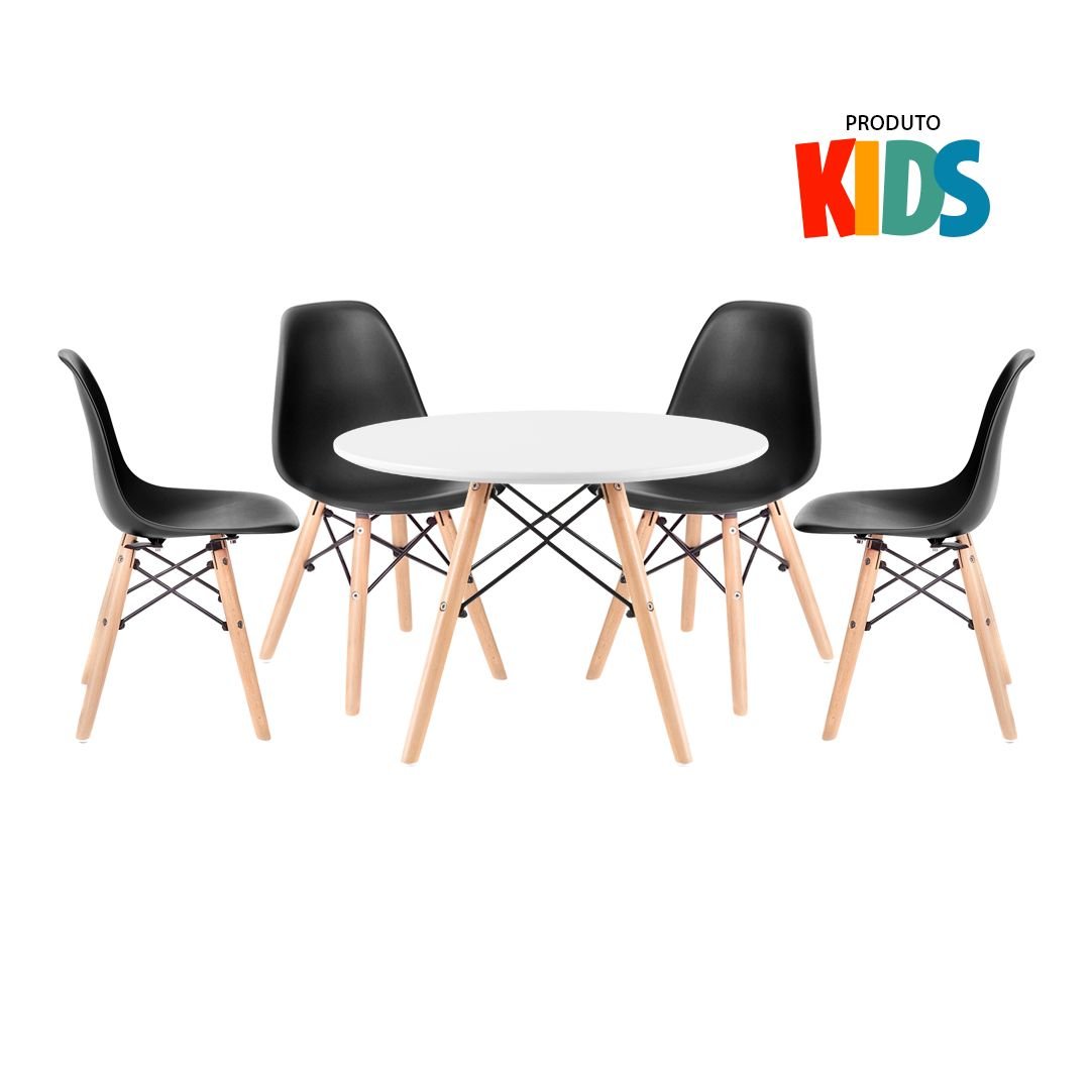 Mesa infantil + 4 cadeiras Eames Eiffel Junior Mesa branco com cadeiras preto