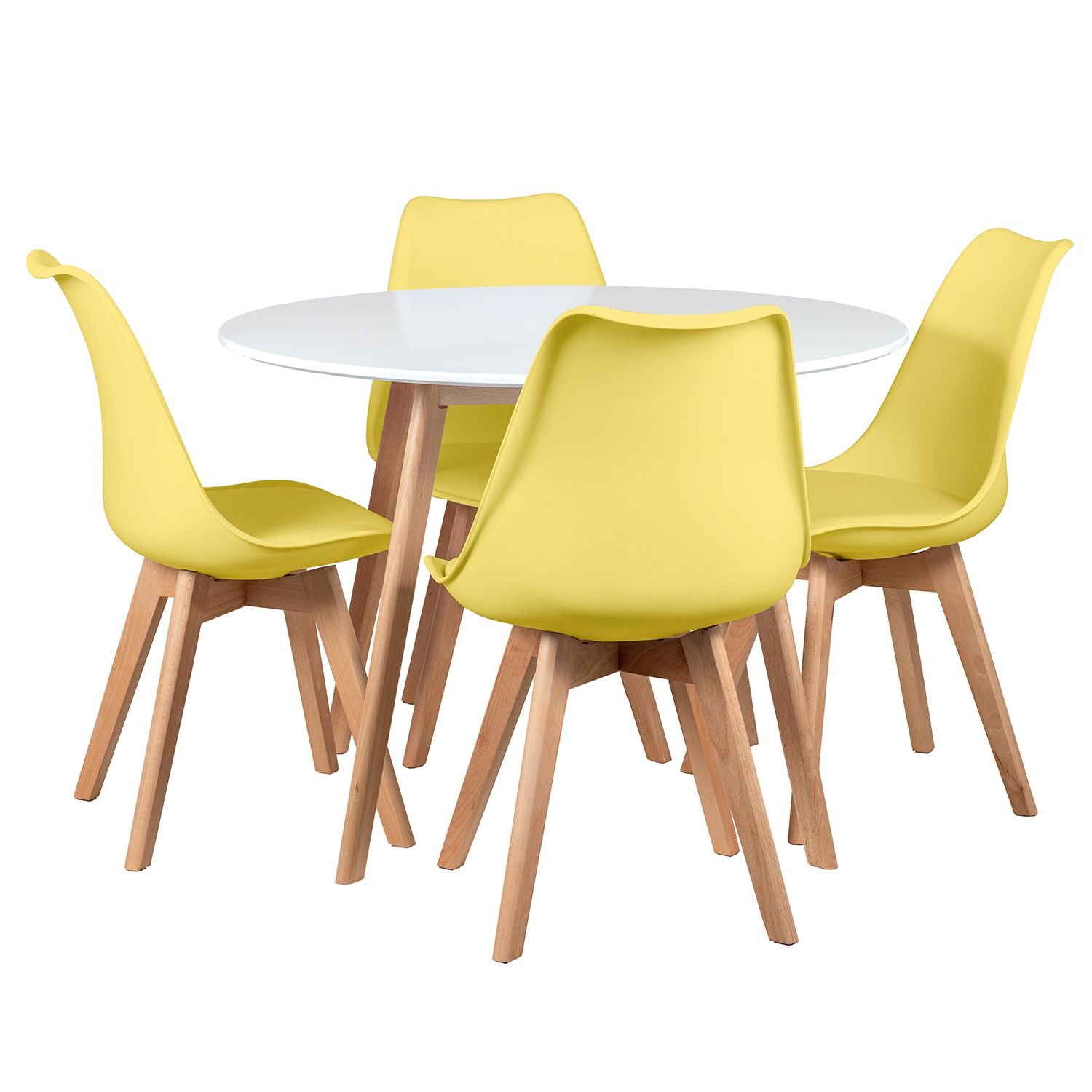Mesa jantar cozinha redonda 100 cm + 4 cadeiras estofadas Leda Mesa branco com cadeiras amarelo