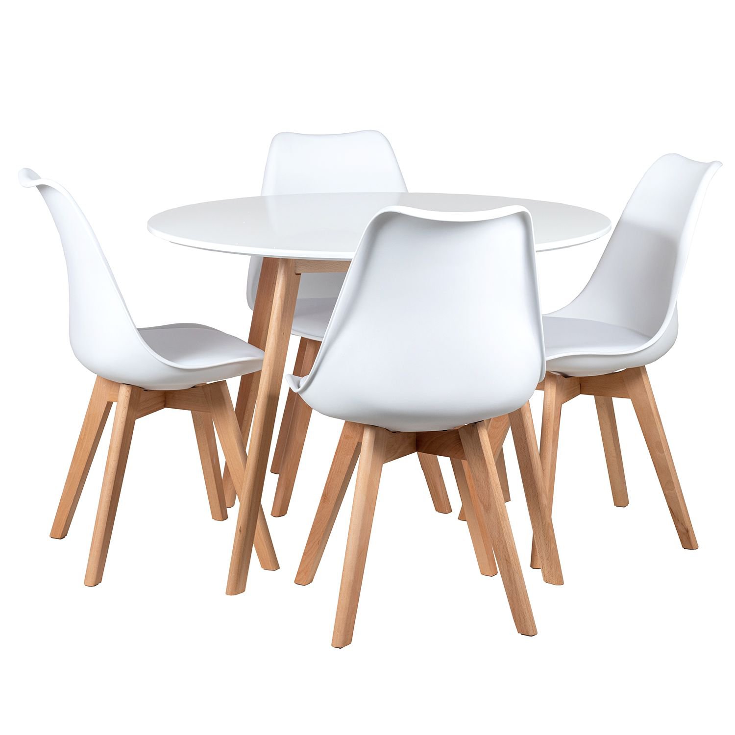 Mesa jantar cozinha redonda 100 cm + 4 cadeiras estofadas Leda Mesa branco com cadeiras branco