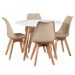 Mesa jantar cozinha redonda 100 cm + 4 cadeiras estofadas Leda Mesa branco com cadeiras nude