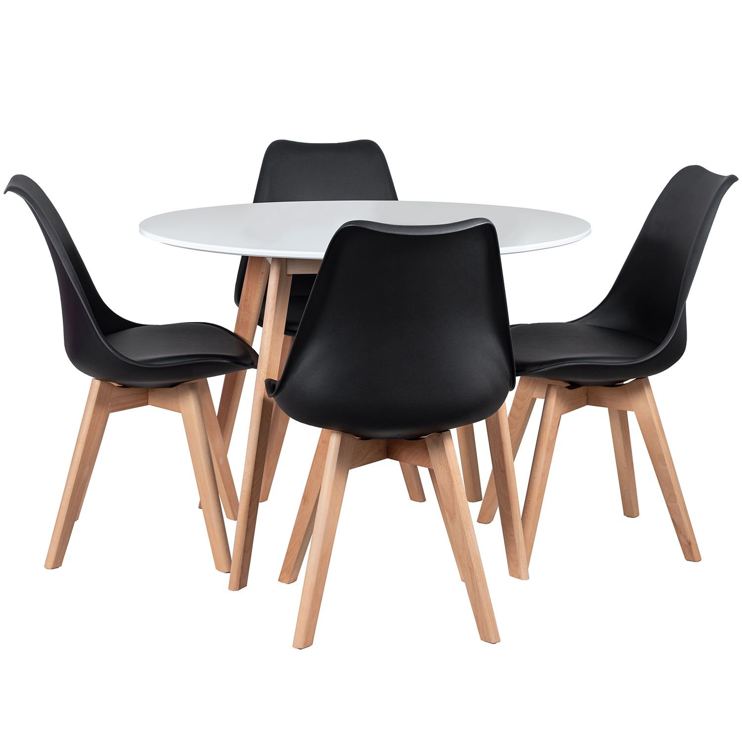 Mesa jantar cozinha redonda 100 cm + 4 cadeiras estofadas Leda Mesa branco com cadeiras preto