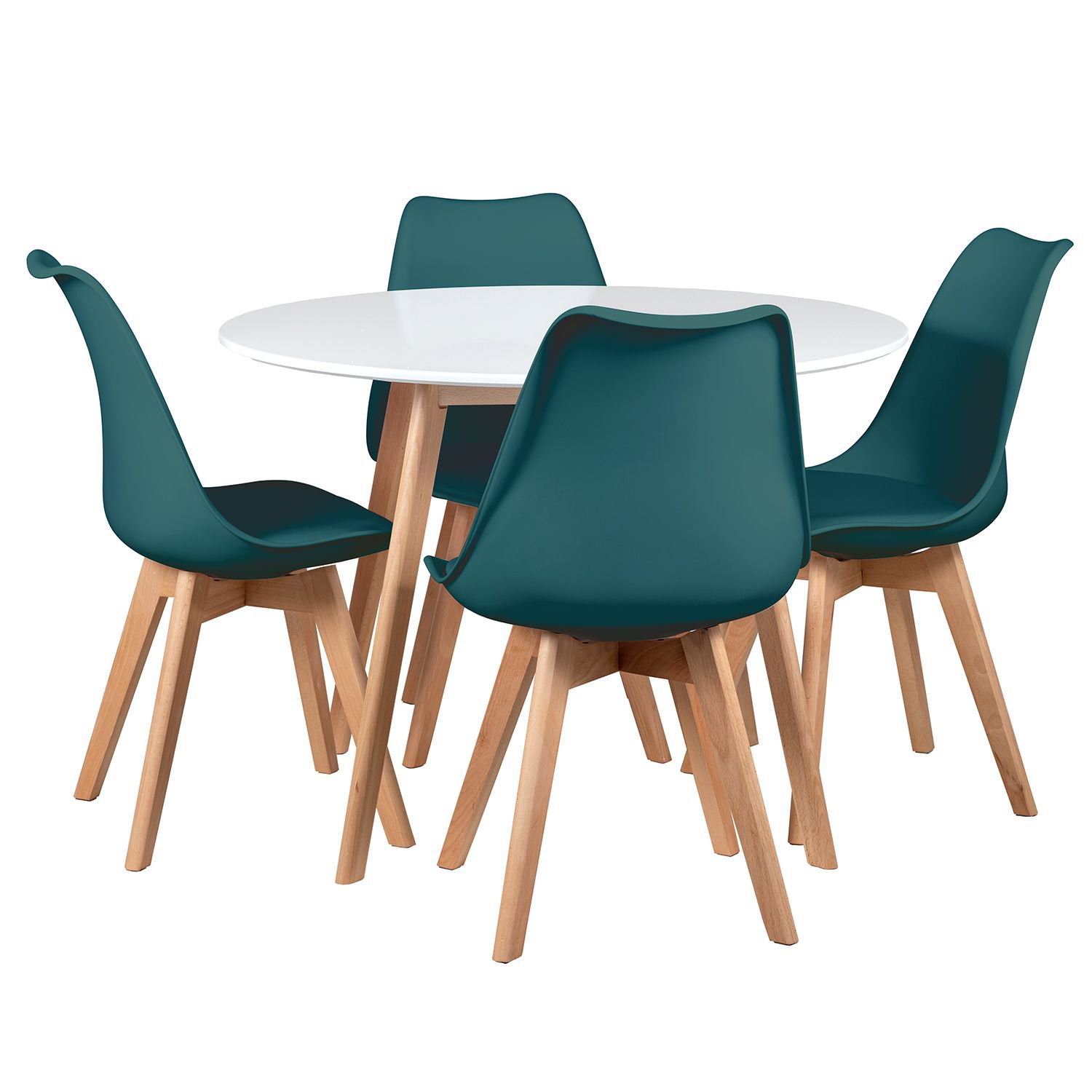 Mesa jantar cozinha redonda 100 cm + 4 cadeiras estofadas Leda Mesa branco com cadeiras verde escuro