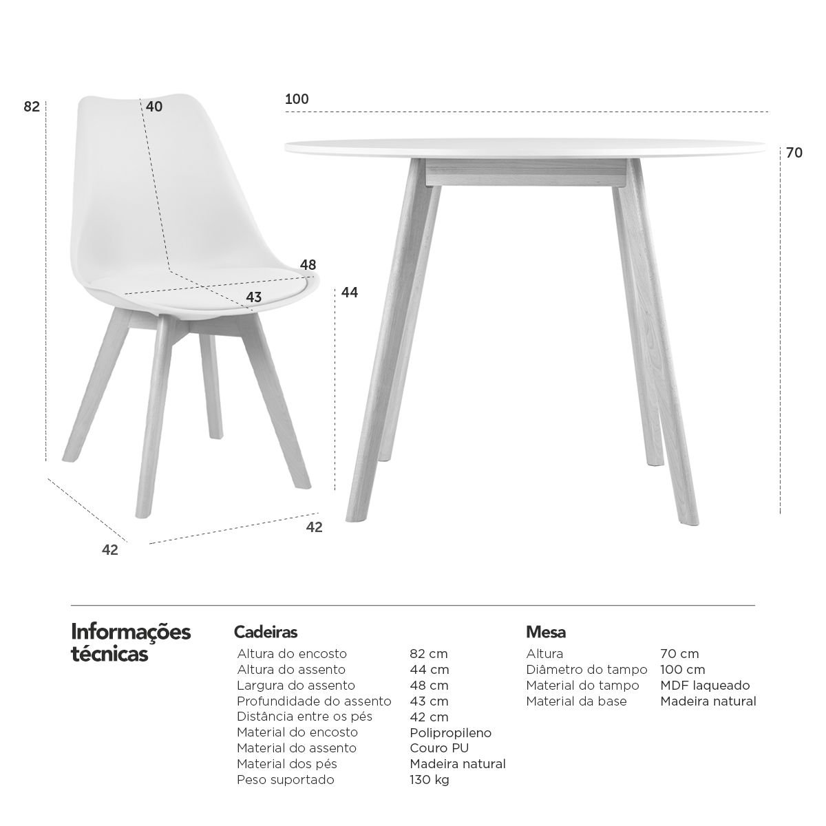 Mesa jantar cozinha redonda 100 cm + 4 cadeiras estofadas Leda Mesa preto com cadeiras branco