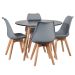 Mesa jantar cozinha redonda 100 cm + 4 cadeiras estofadas Leda Mesa preto com cadeiras cinza escuro