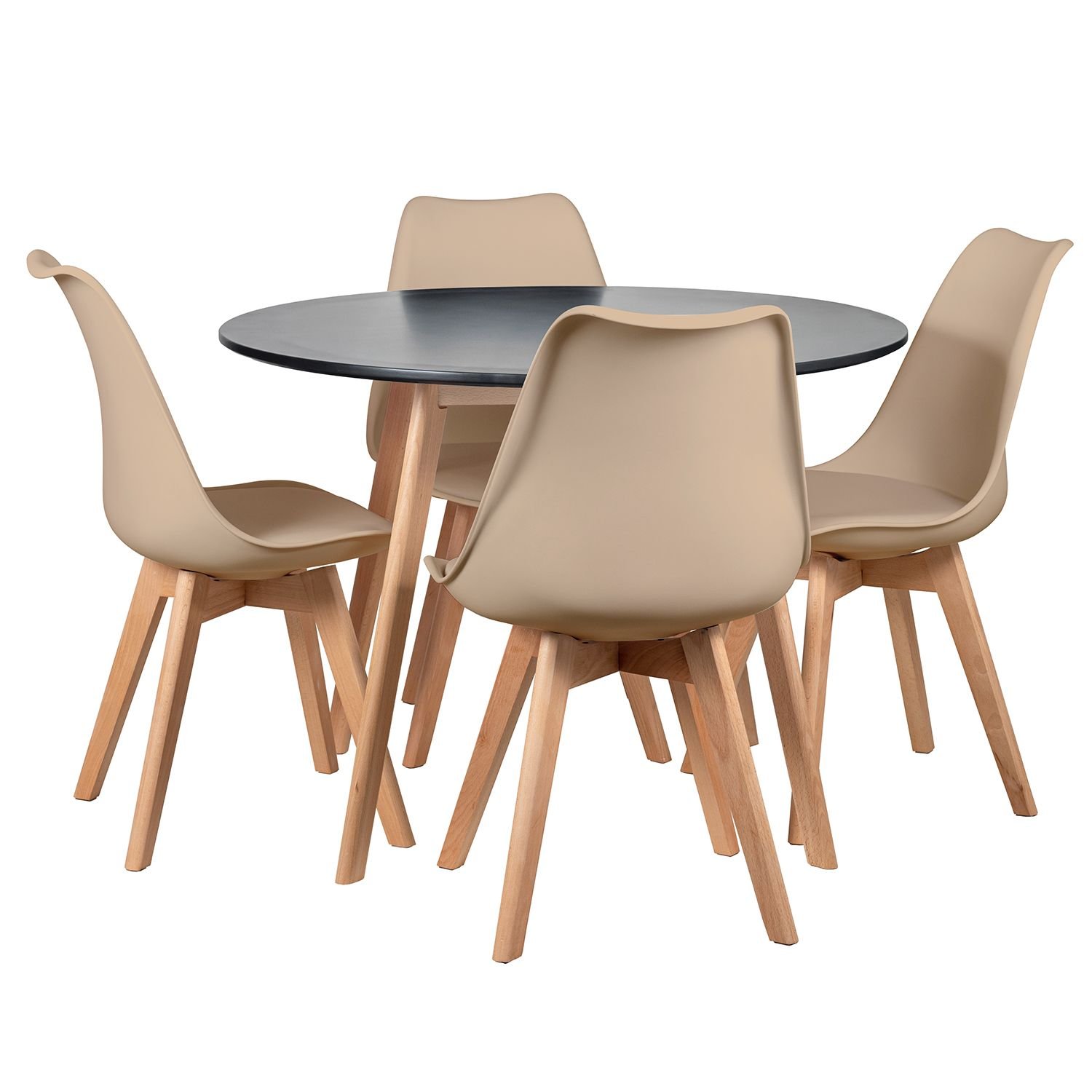 Mesa jantar cozinha redonda 100 cm + 4 cadeiras estofadas Leda Mesa preto com cadeiras nude