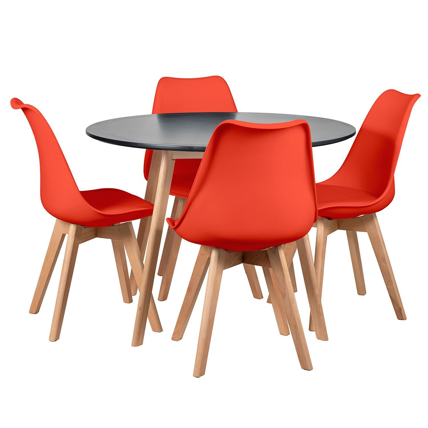 Mesa jantar cozinha redonda 100 cm + 4 cadeiras estofadas Leda Mesa preto com cadeiras vermelho