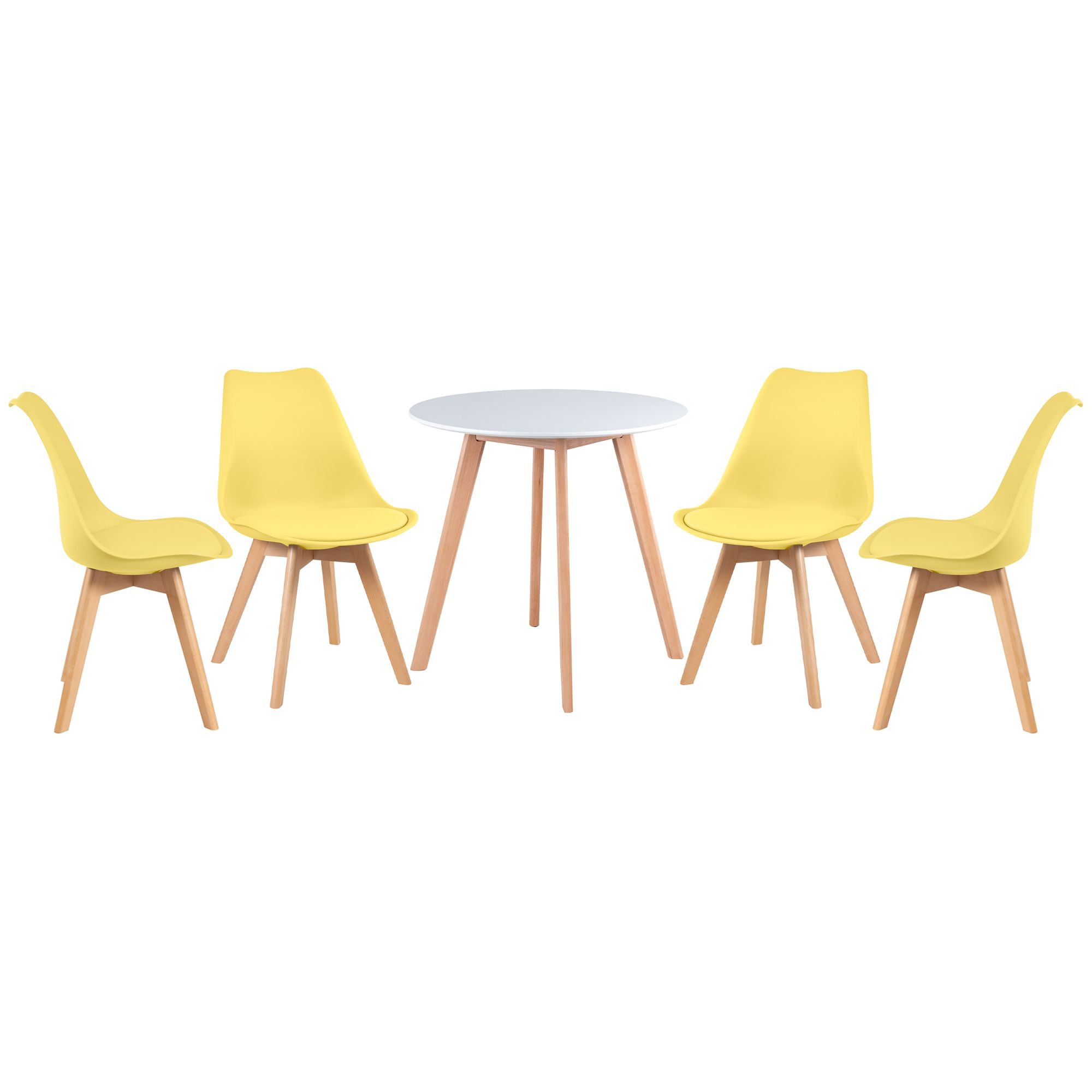 Mesa jantar cozinha redonda 70 cm + 4 cadeiras estofadas Leda Mesa branco com cadeiras amarelo