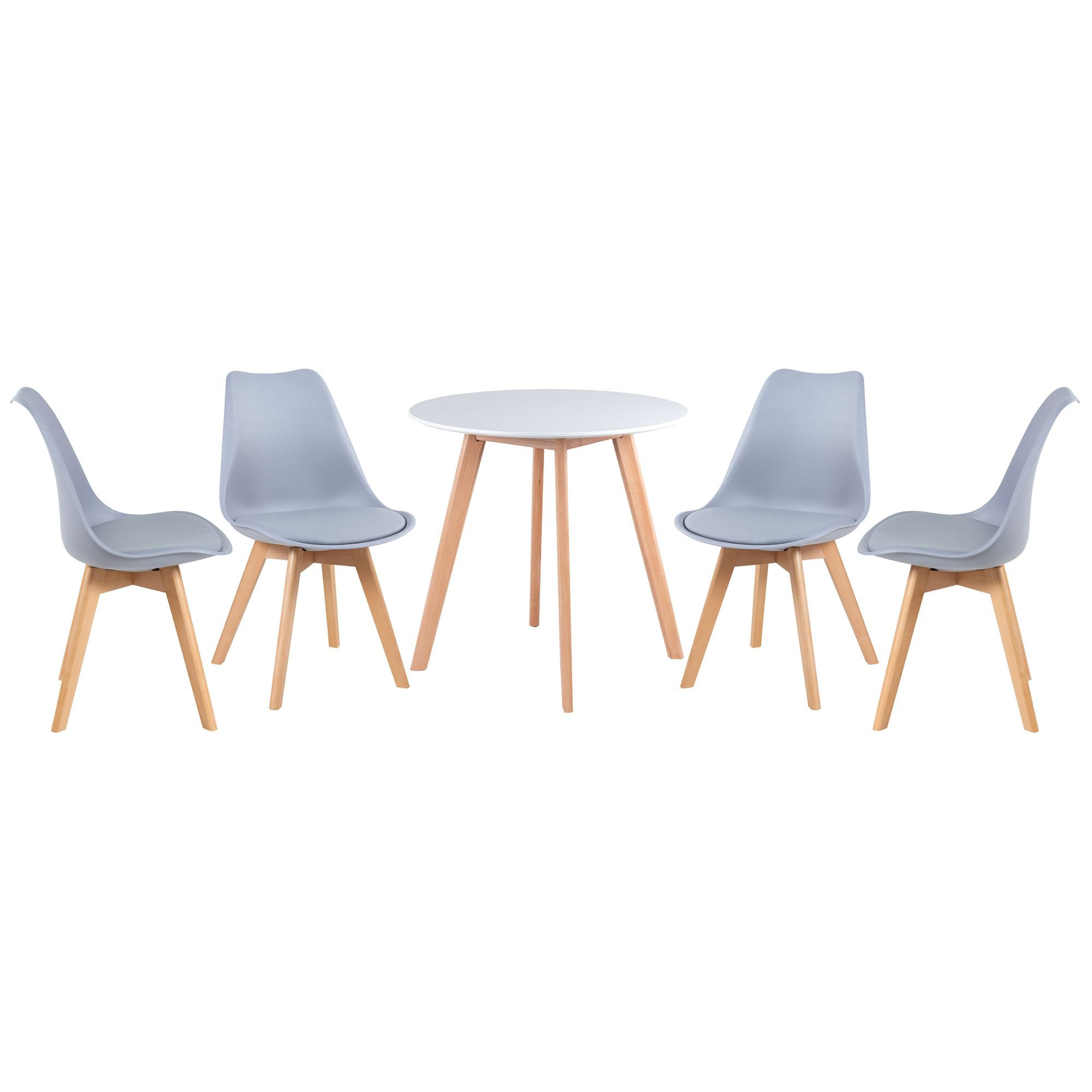 Mesa jantar cozinha redonda 70 cm + 4 cadeiras estofadas Leda Mesa branco com cadeiras cinza claro
