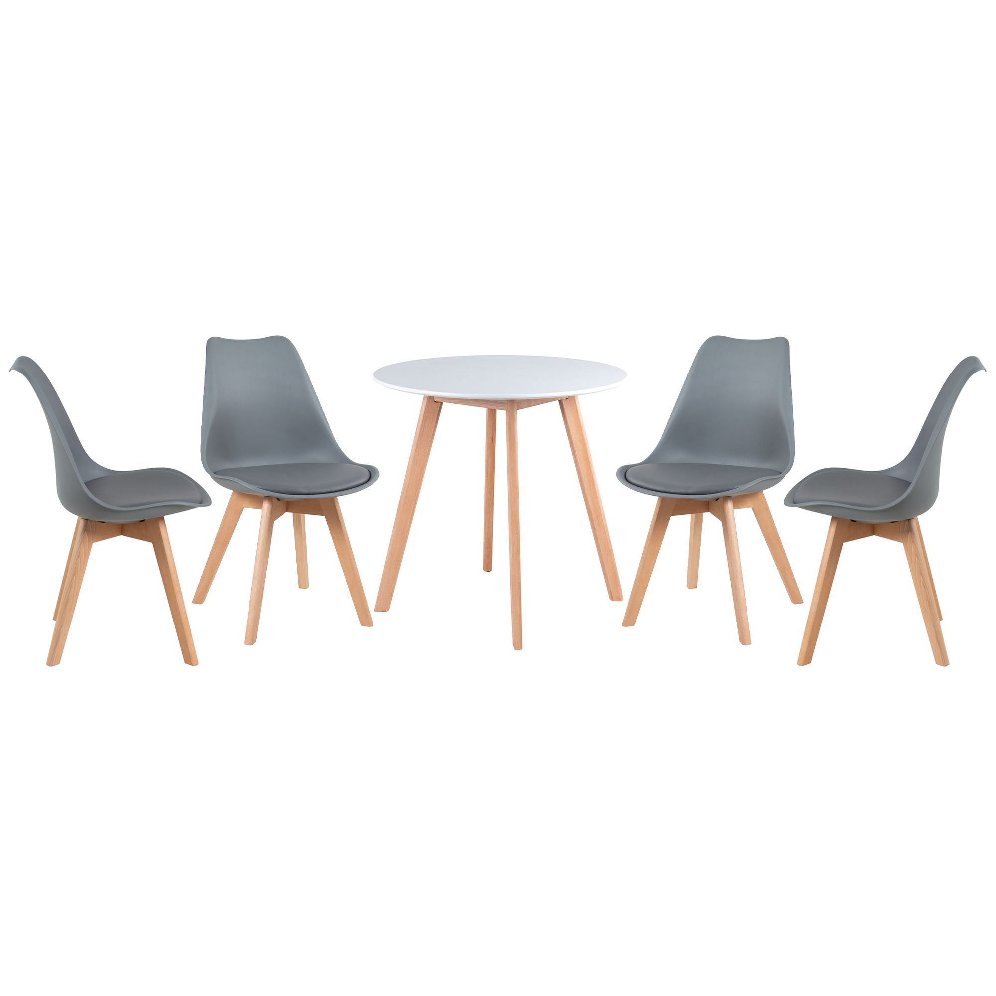 Mesa jantar cozinha redonda 70 cm + 4 cadeiras estofadas Leda Mesa branco com cadeiras cinza escuro