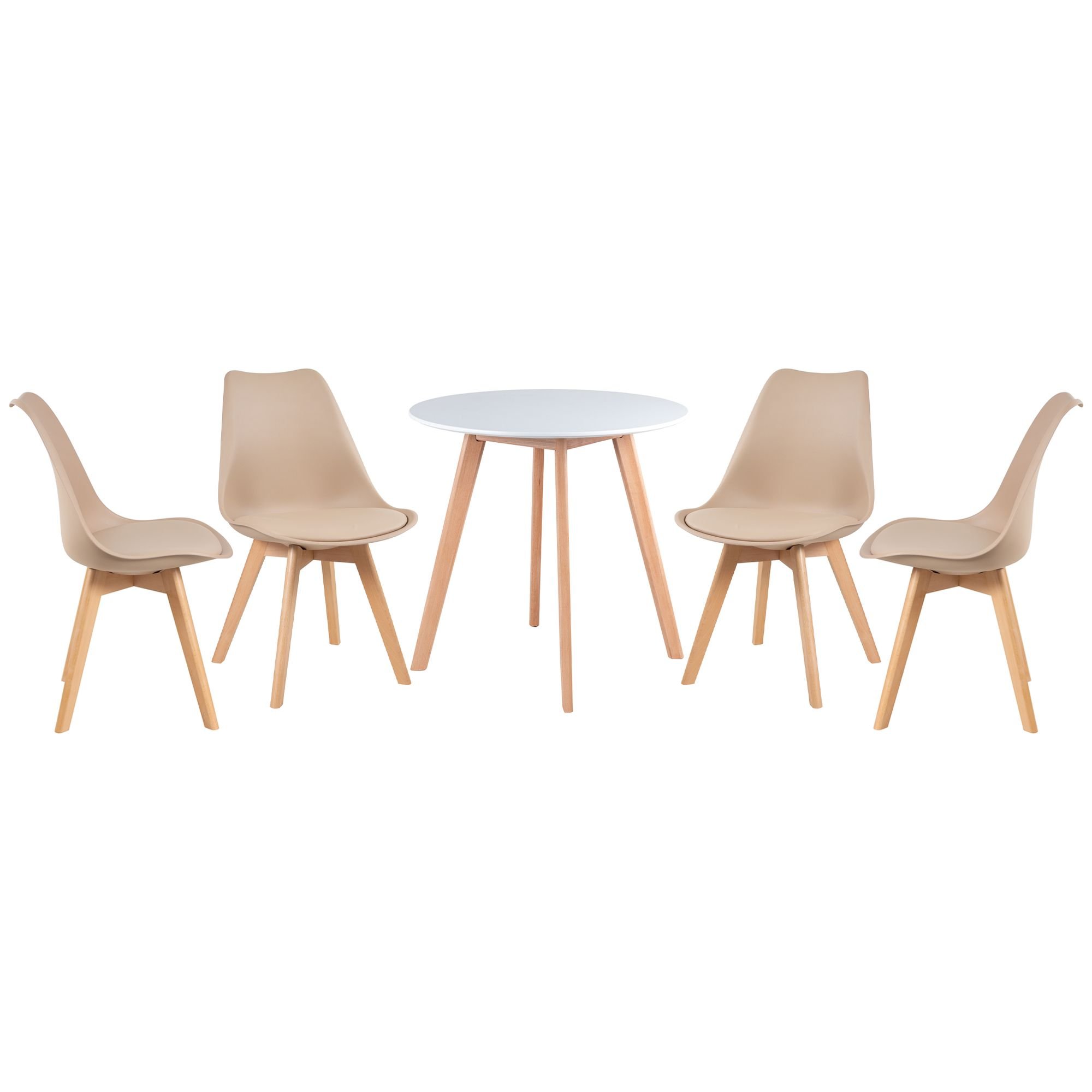 Mesa jantar cozinha redonda 70 cm + 4 cadeiras estofadas Leda Mesa branco com cadeiras nude