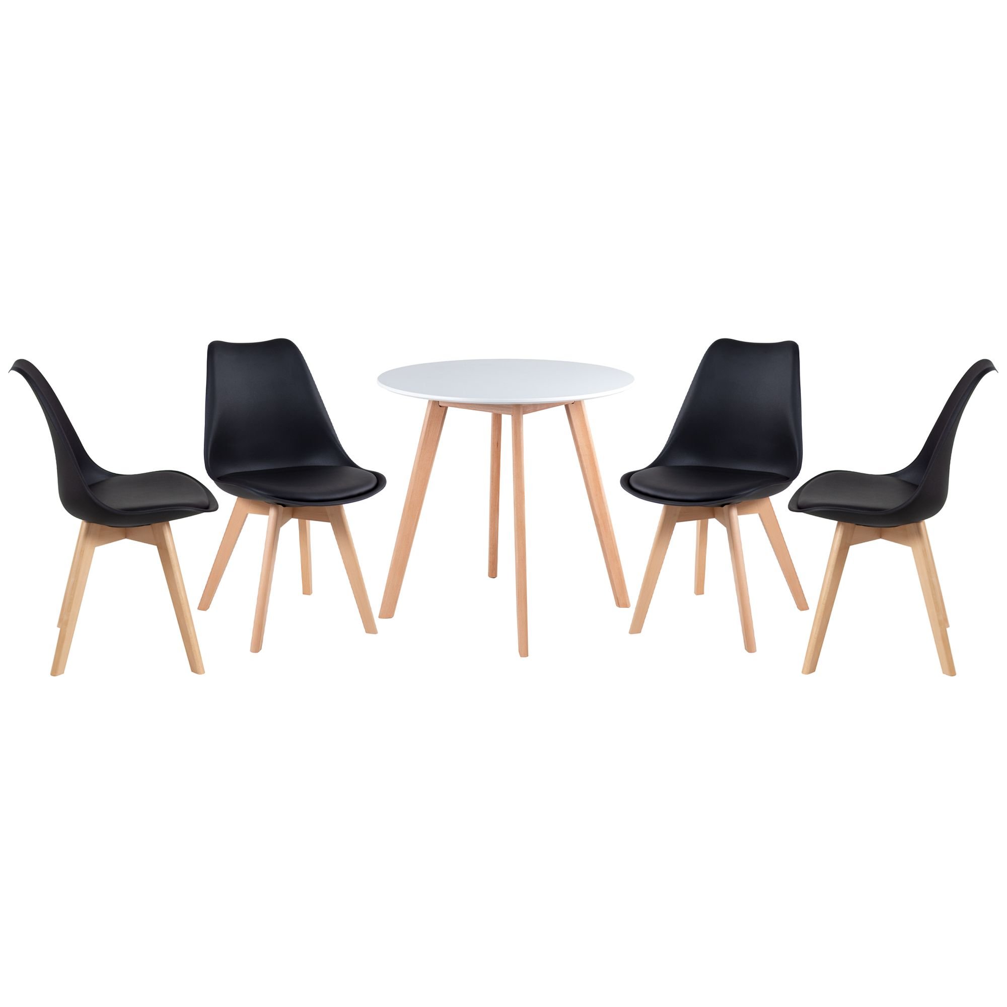 Mesa jantar cozinha redonda 70 cm + 4 cadeiras estofadas Leda Mesa branco com cadeiras preto