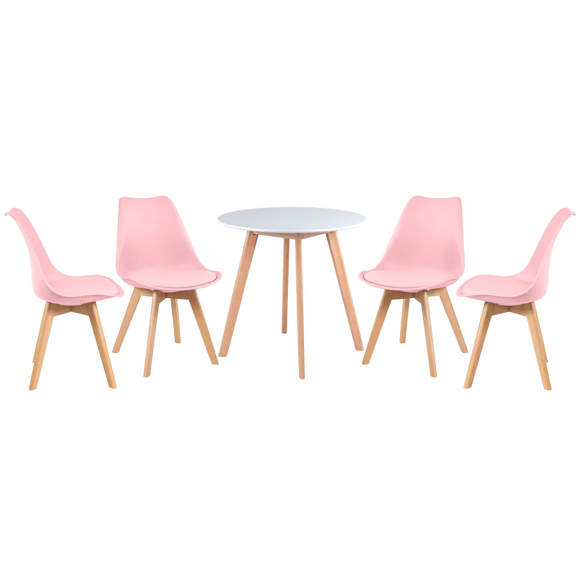 Mesa jantar cozinha redonda 70 cm + 4 cadeiras estofadas Leda Mesa branco com cadeiras rosa claro