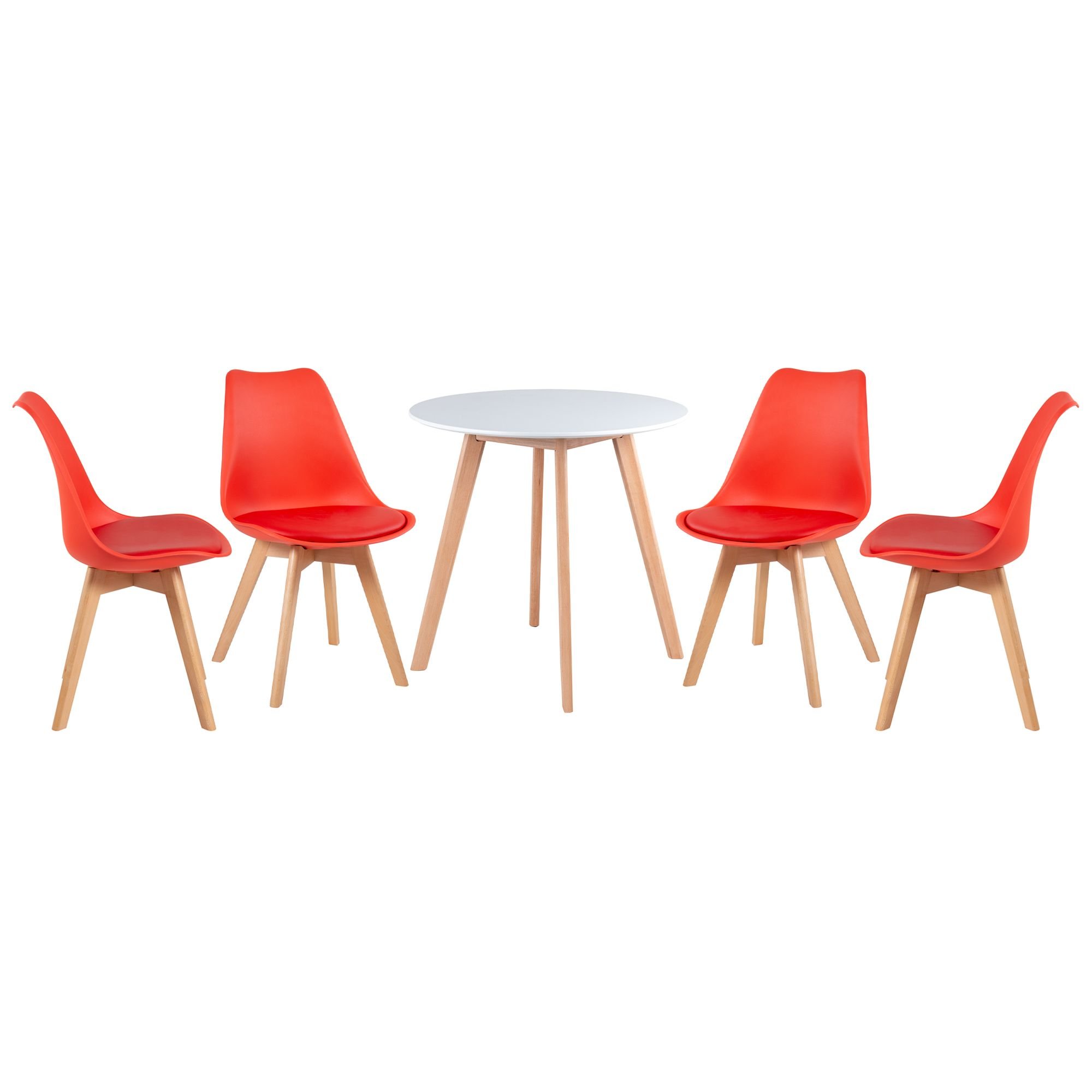 Mesa jantar cozinha redonda 70 cm + 4 cadeiras estofadas Leda Mesa branco com cadeiras vermelho