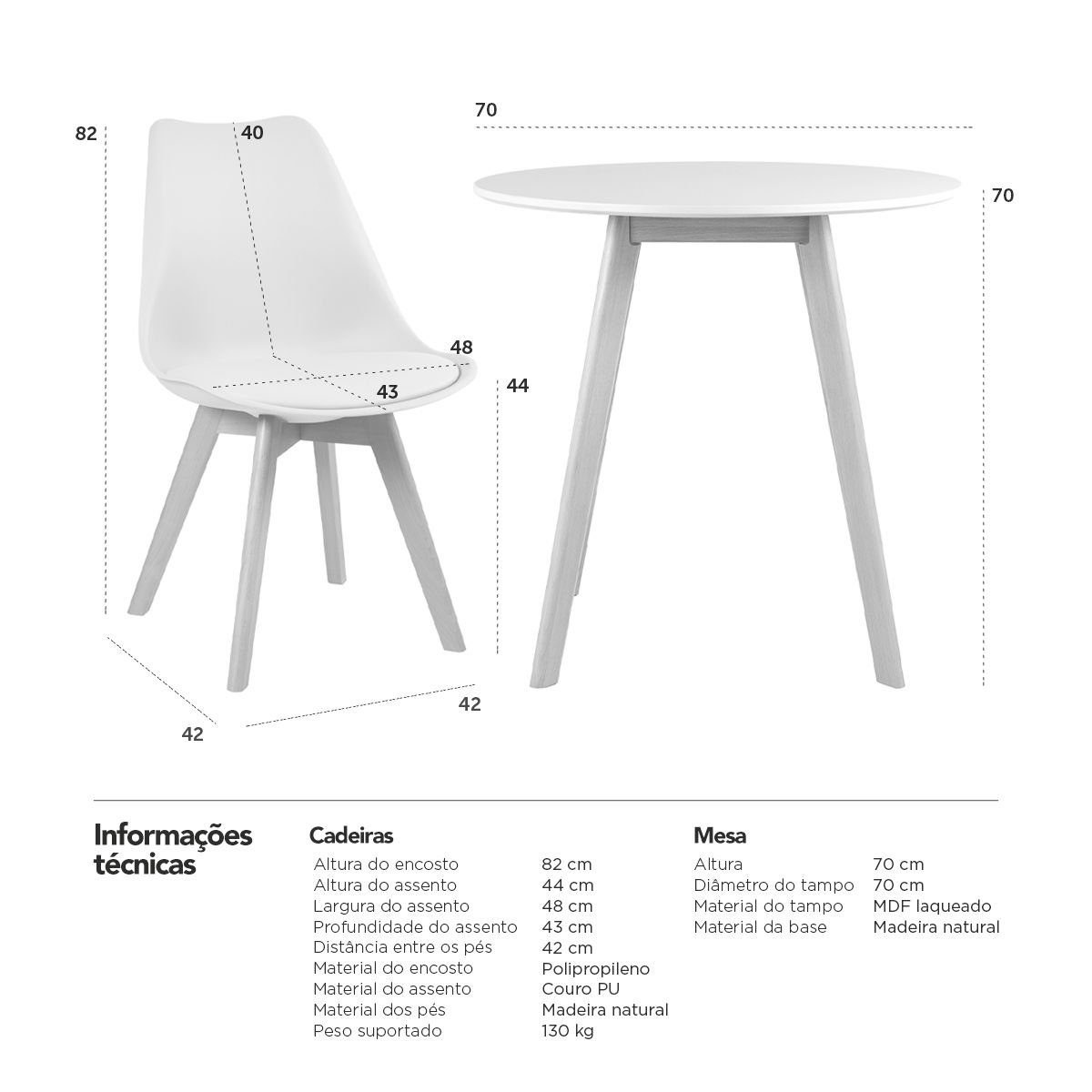 Mesa jantar cozinha redonda 70 cm + 4 cadeiras estofadas Leda Mesa branco com cadeiras vermelho