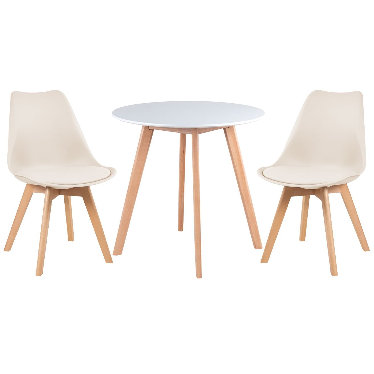 Mesa jantar cozinha redonda 70 cm branco + 2 cadeiras estofadas Leda Creme