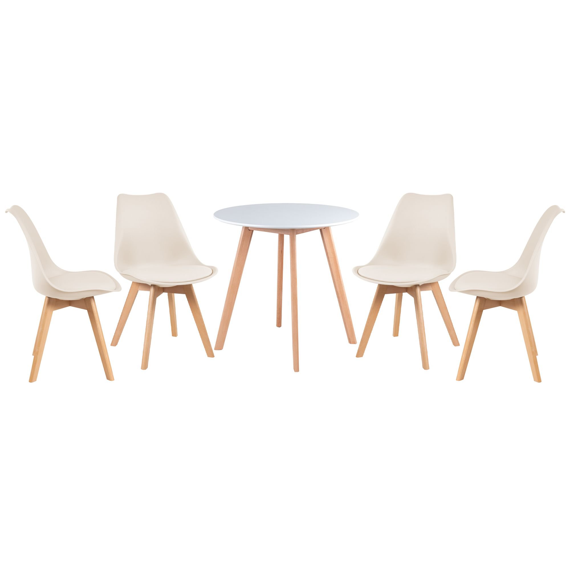 Mesa jantar cozinha redonda 70 cm branco + 4 cadeiras estofadas Leda Creme