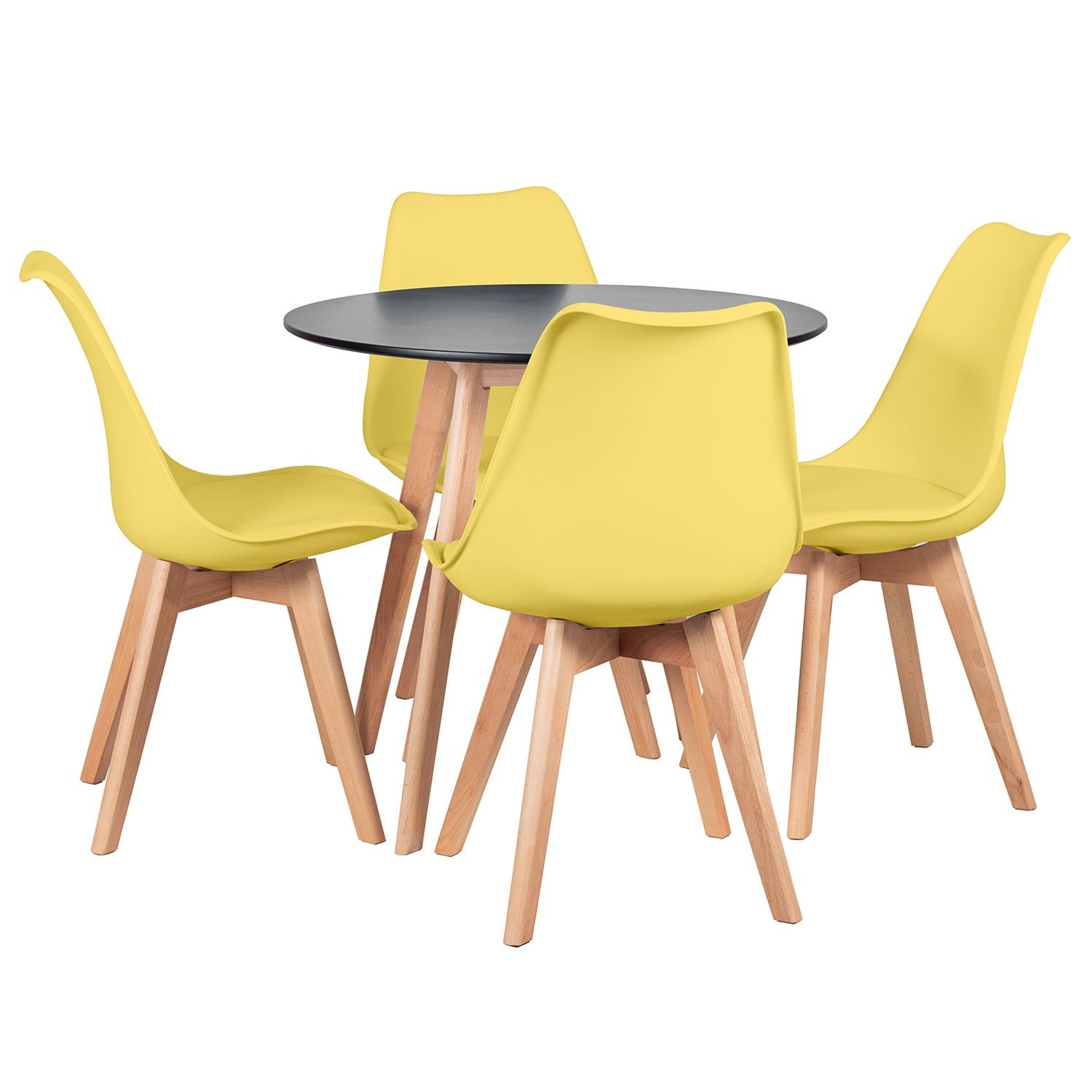 Mesa jantar cozinha redonda 80 cm + 4 cadeiras estofadas Leda Mesa preto com cadeiras amarelo