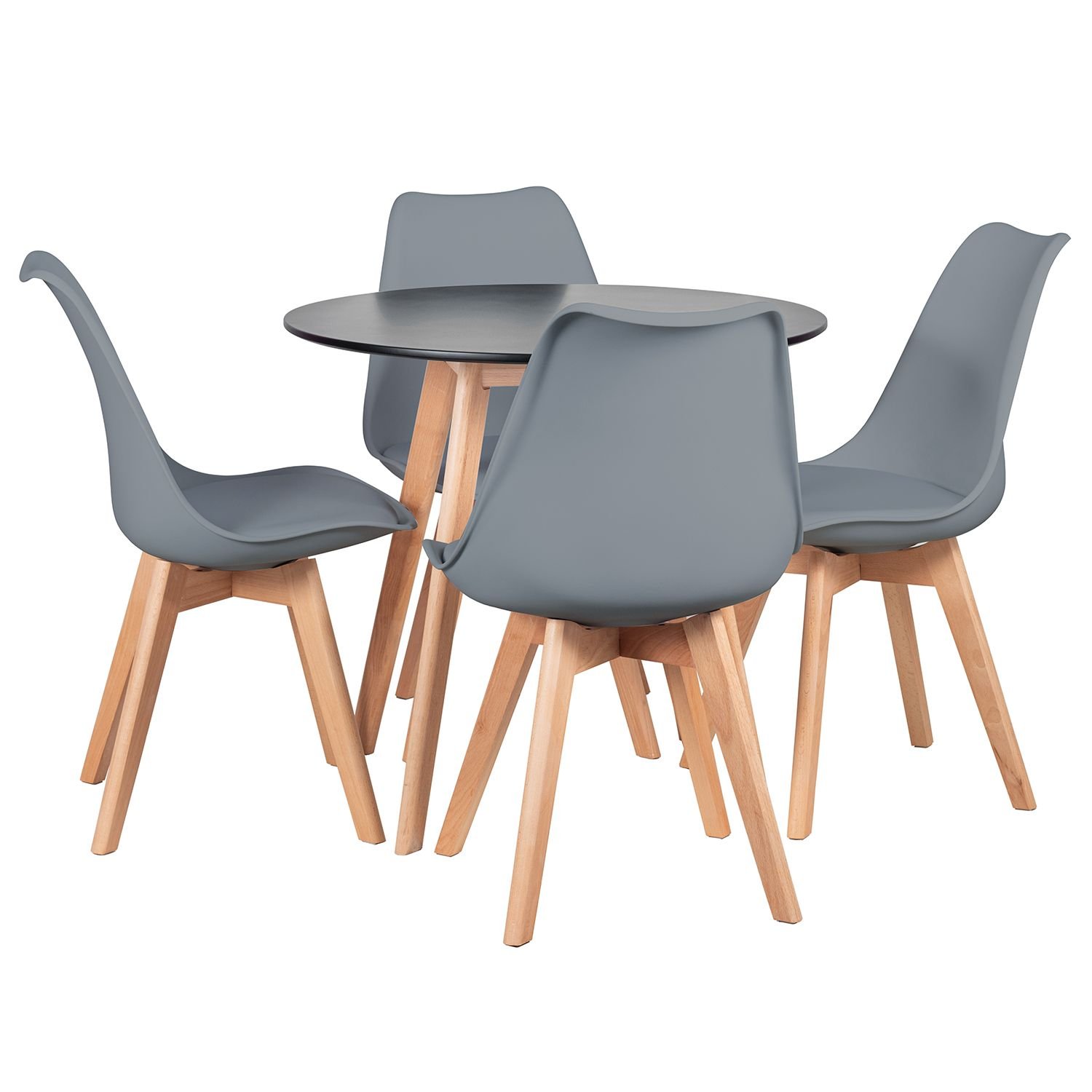 Mesa jantar cozinha redonda 80 cm + 4 cadeiras estofadas Leda Mesa preto com cadeiras cinza escuro